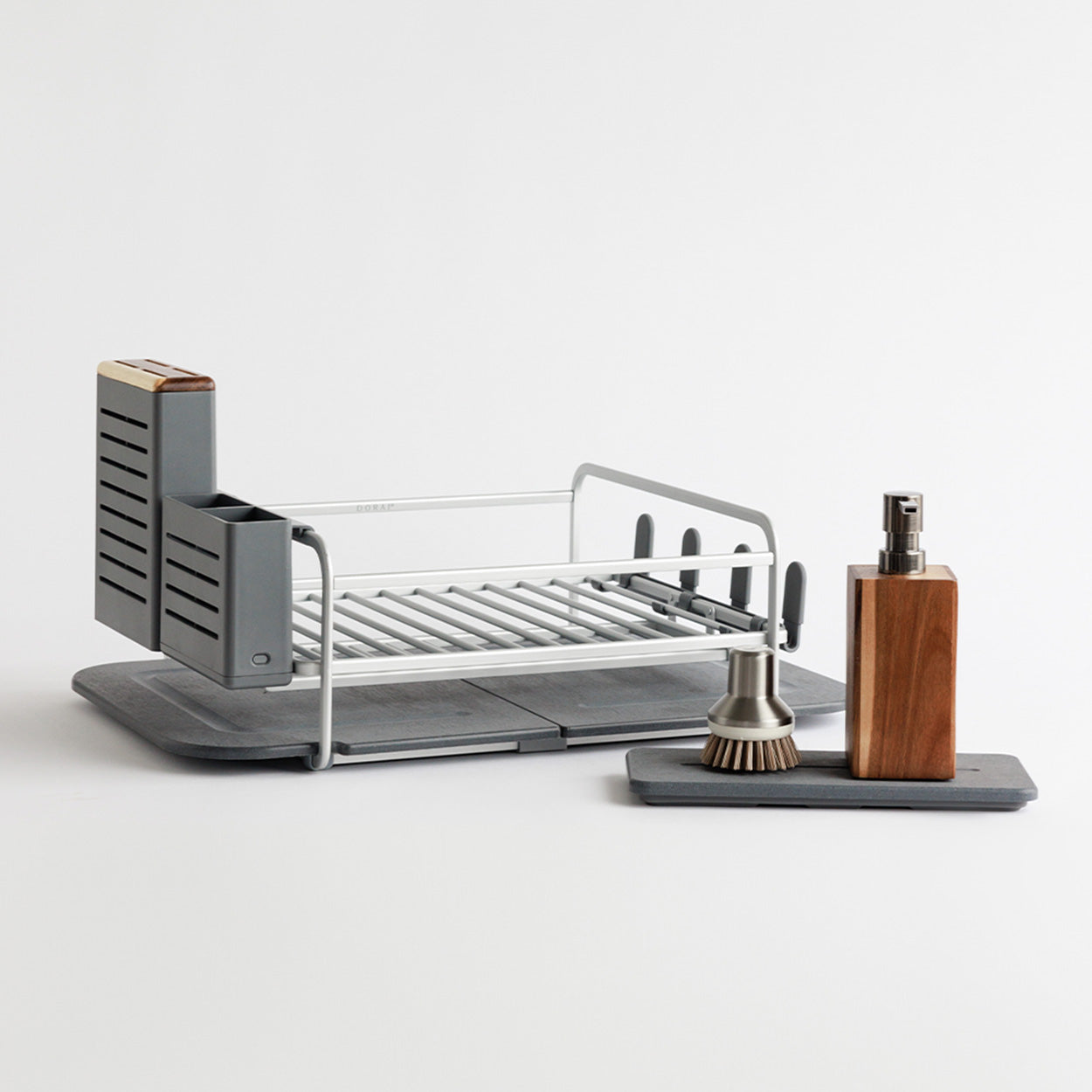 slate and silver dish drying rack with stone sink caddy