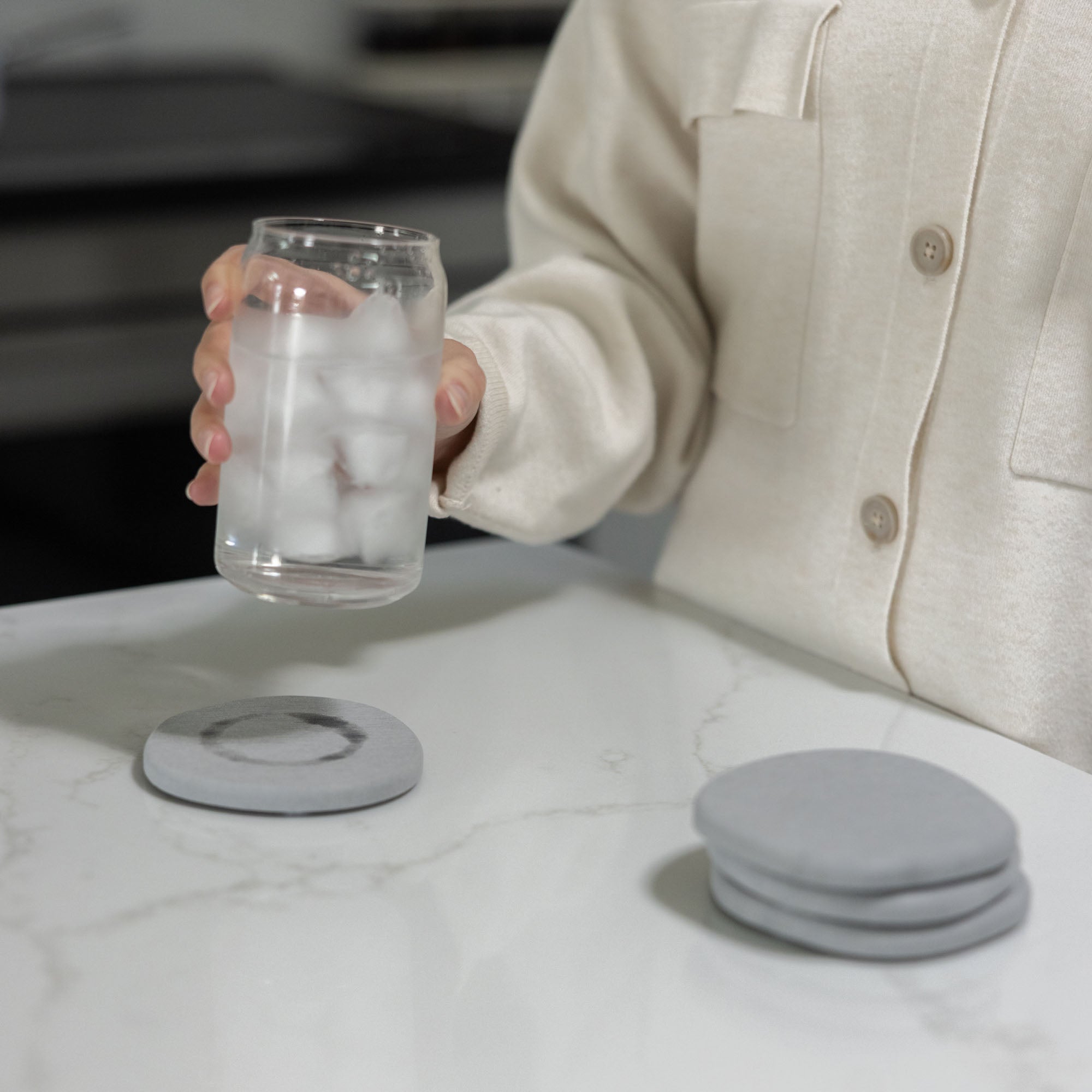 Ash Stone Coaster quickly dries water ring from sweating drinks.