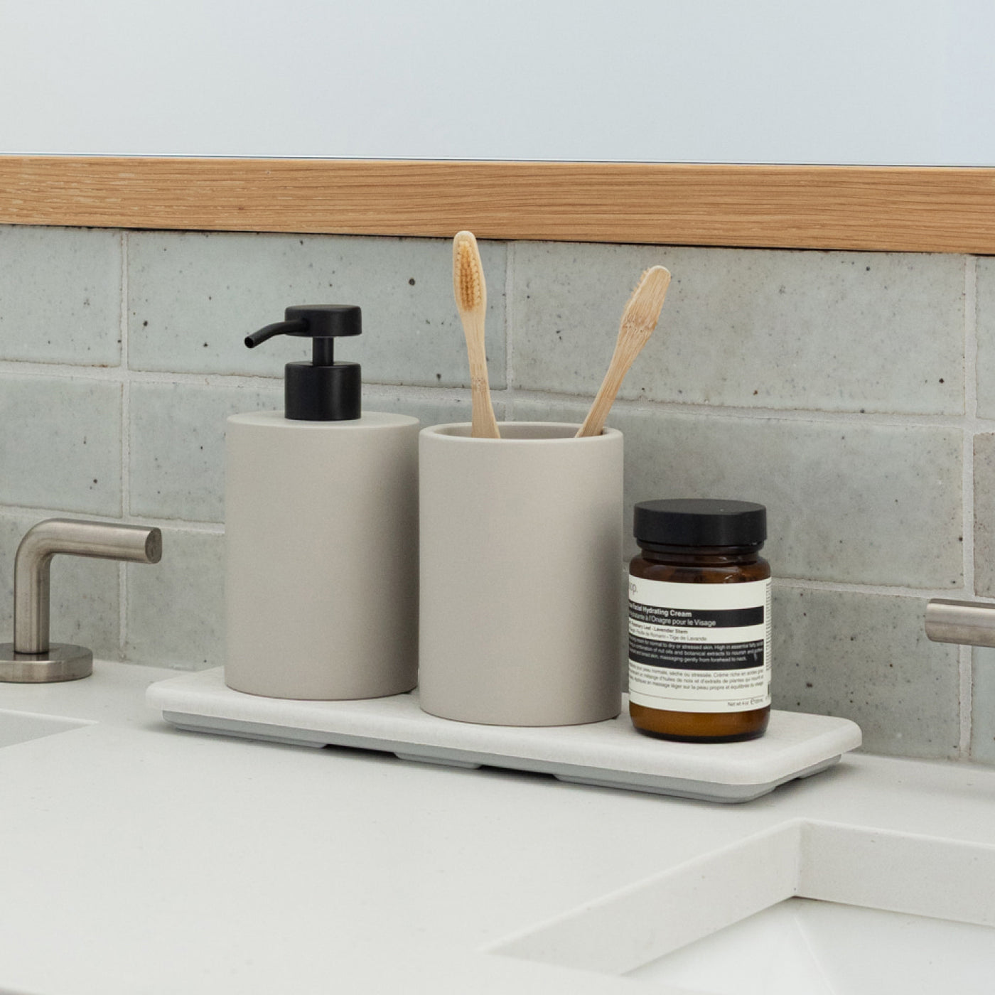 diatomaceous earth stone soap sink caddy set with soap dispenser and brush holder - Dorai Home
