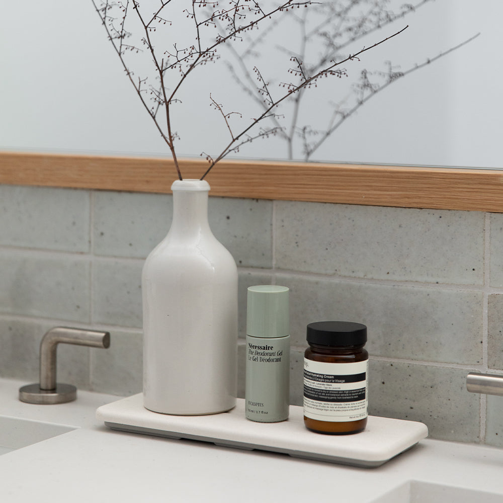 bathroom counter with sink organizer