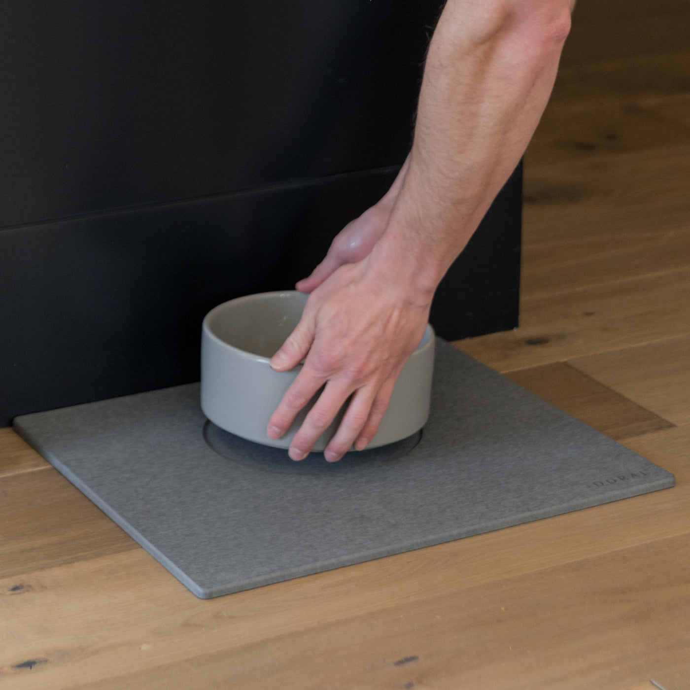 modern grey ceramic dog water bowl on diatomaceous earth stone base - Dorai Home