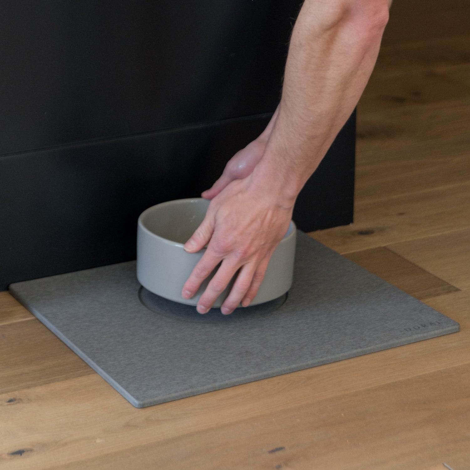 modern grey ceramic dog water bowl on diatomaceous earth stone base - Dorai Home