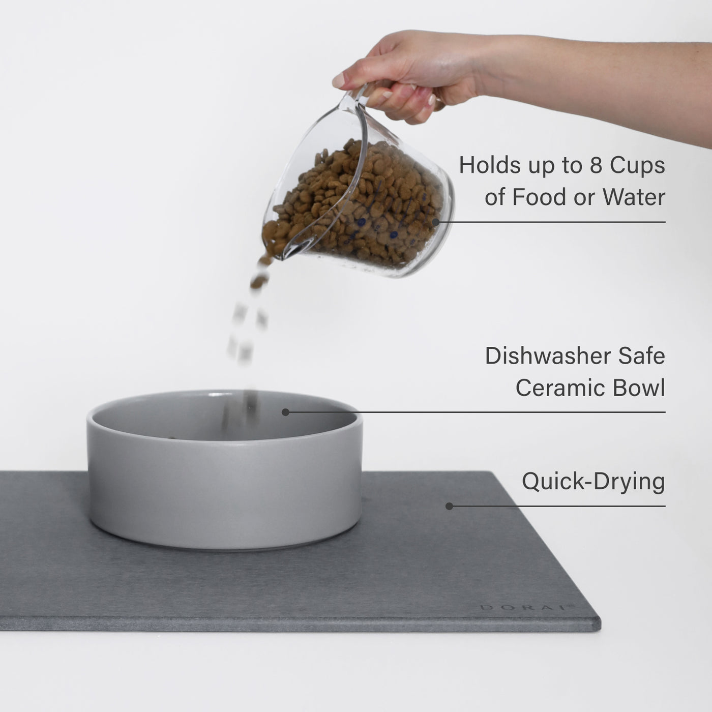 ceramic dog bowl on stone base with product features