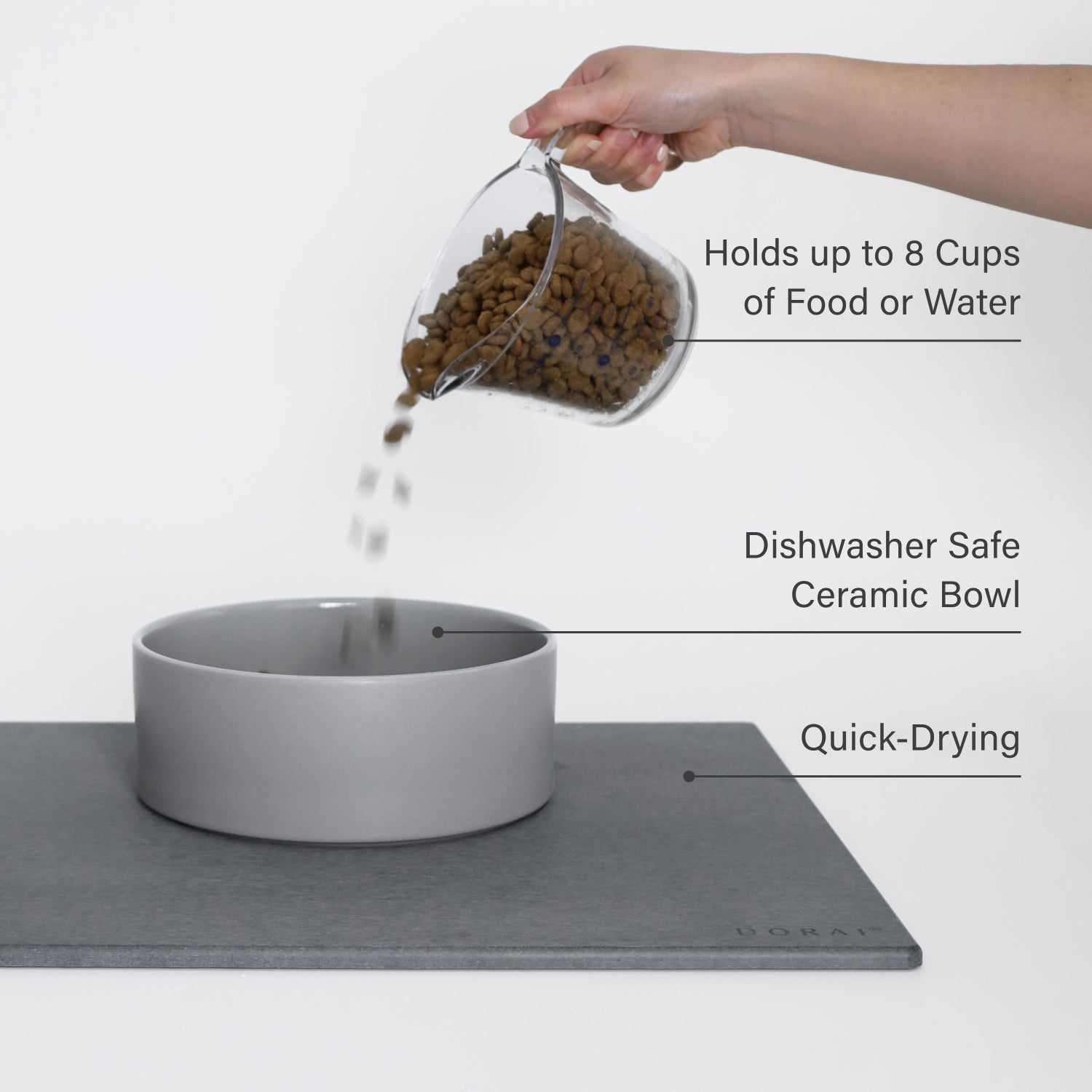 ceramic dog bowl on stone base with product features