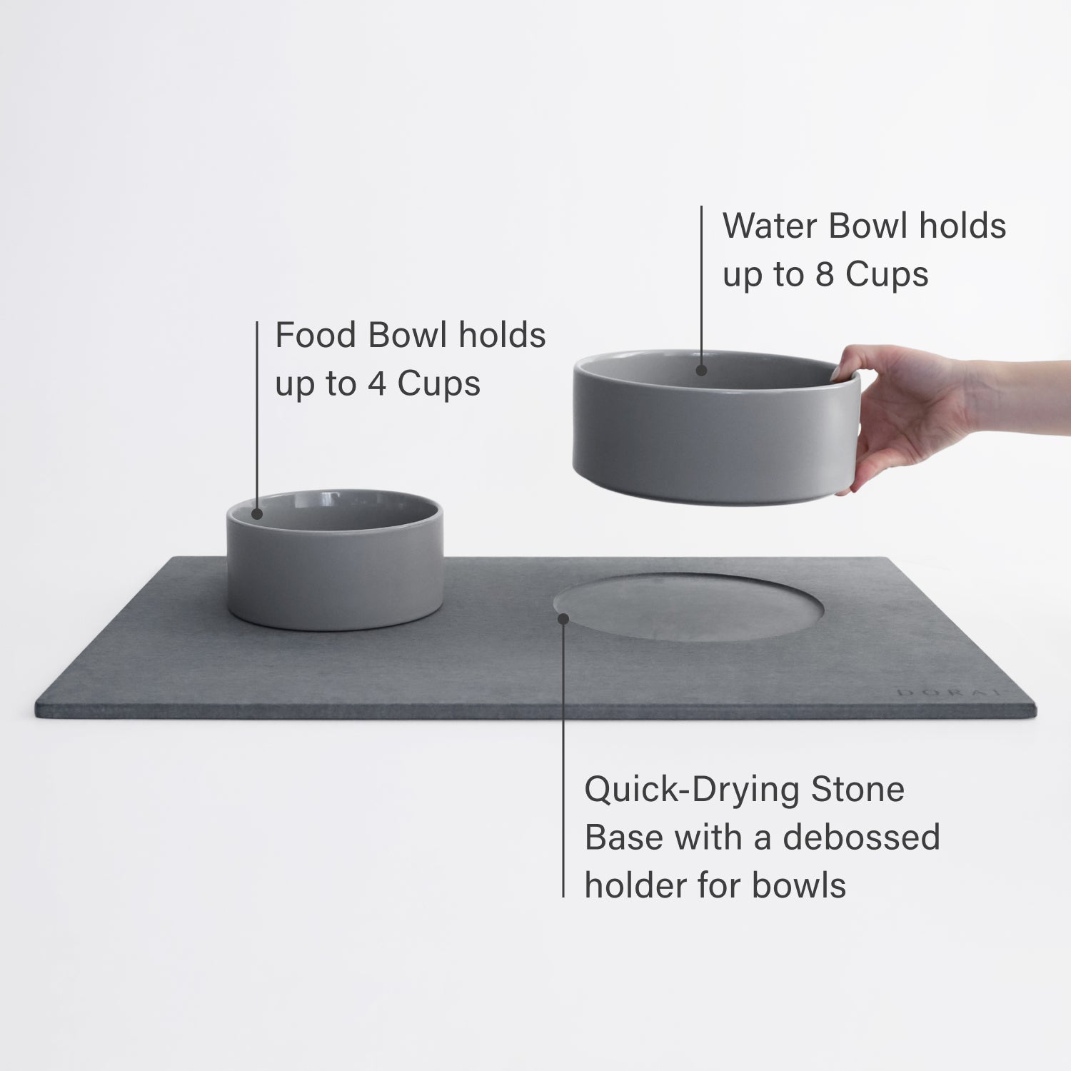 dishwasher safe ceramic dog bowls on stone base with product call outs