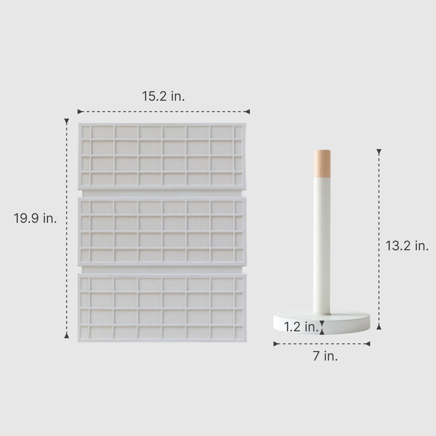 Measurement chart showing dimensions of a kitchen dish pad and paper towel holder