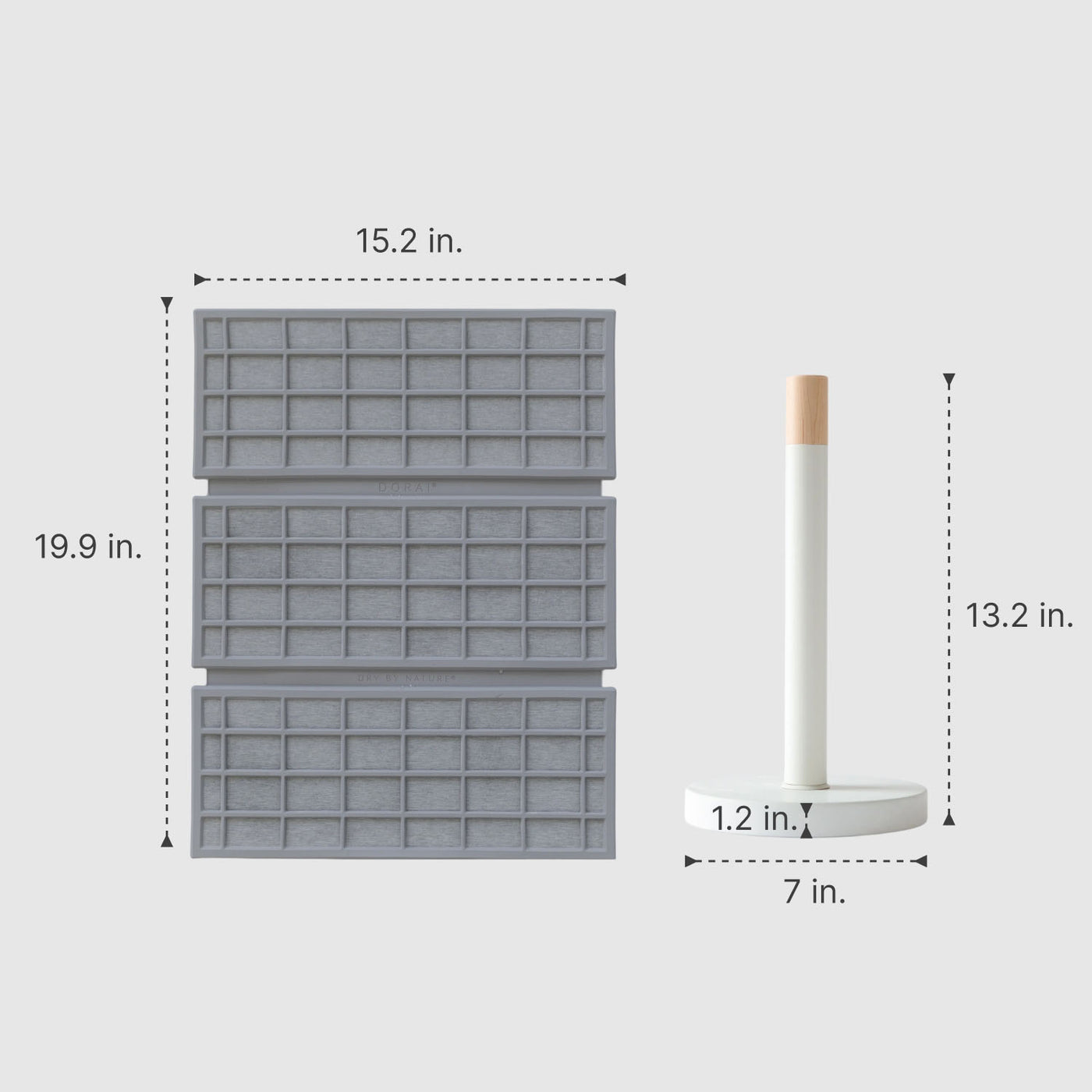 grey dish mat with paper towel holder showing measurements 