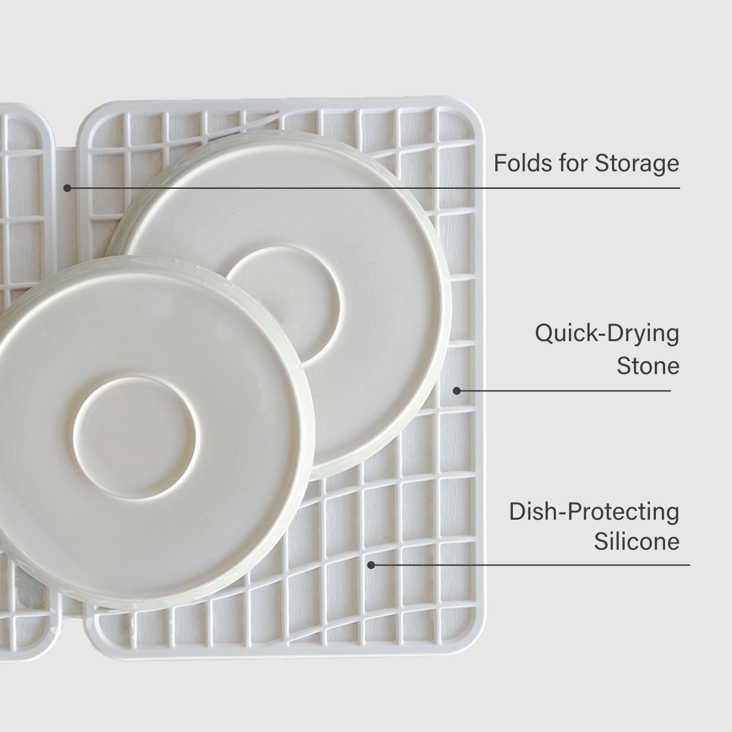 White dish drying stone with labeled features on a white background