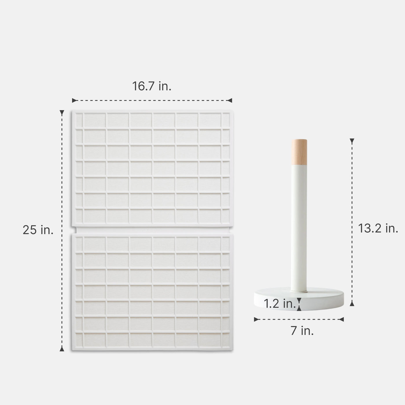 Large Ridge Dish Pad in Glacier: 16.7in x 25in; and Glacier Paper Towel Holder: 13.2in x7in