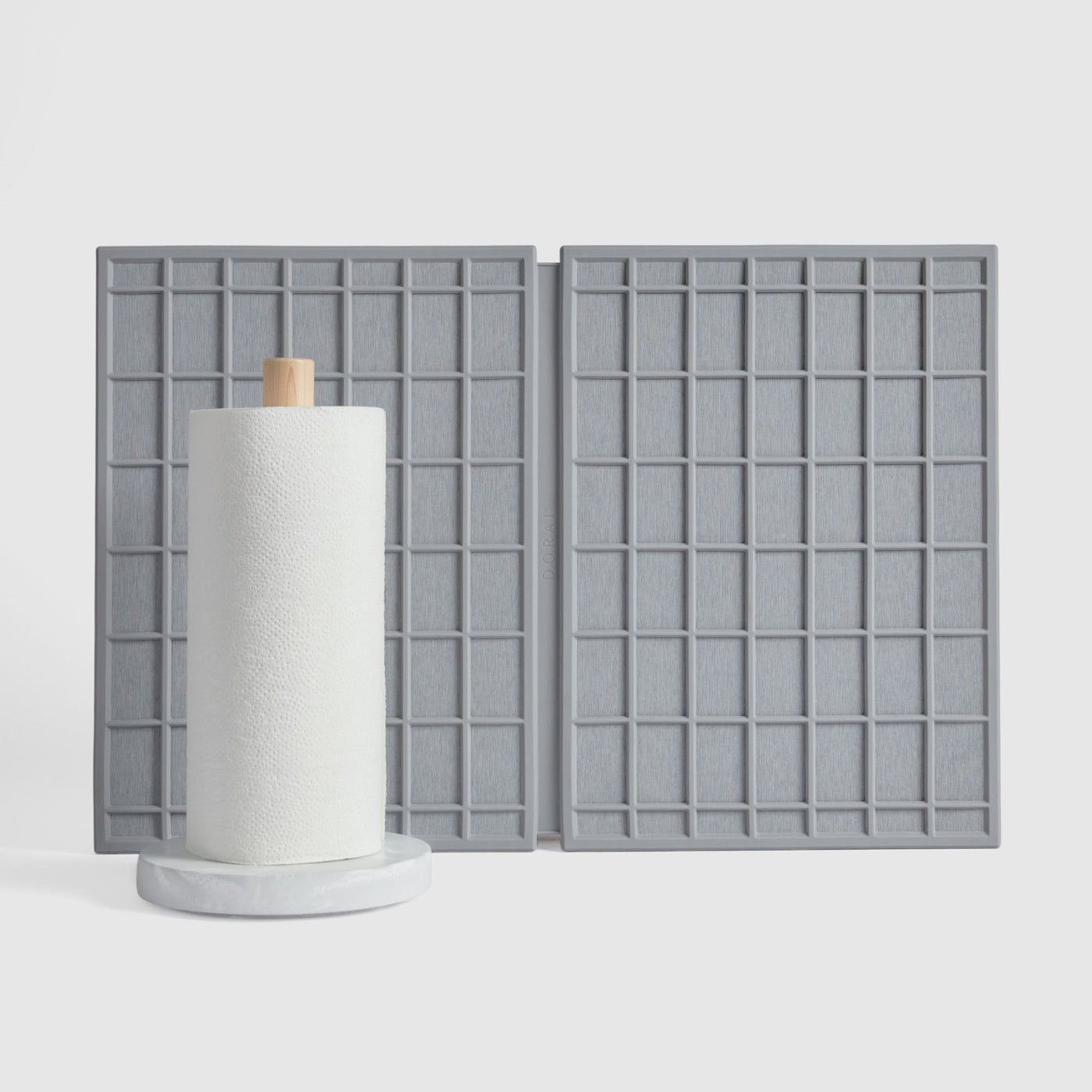 Large Ridge Dish Pad in Ash and Glacier Paper Towel Holder on white background.