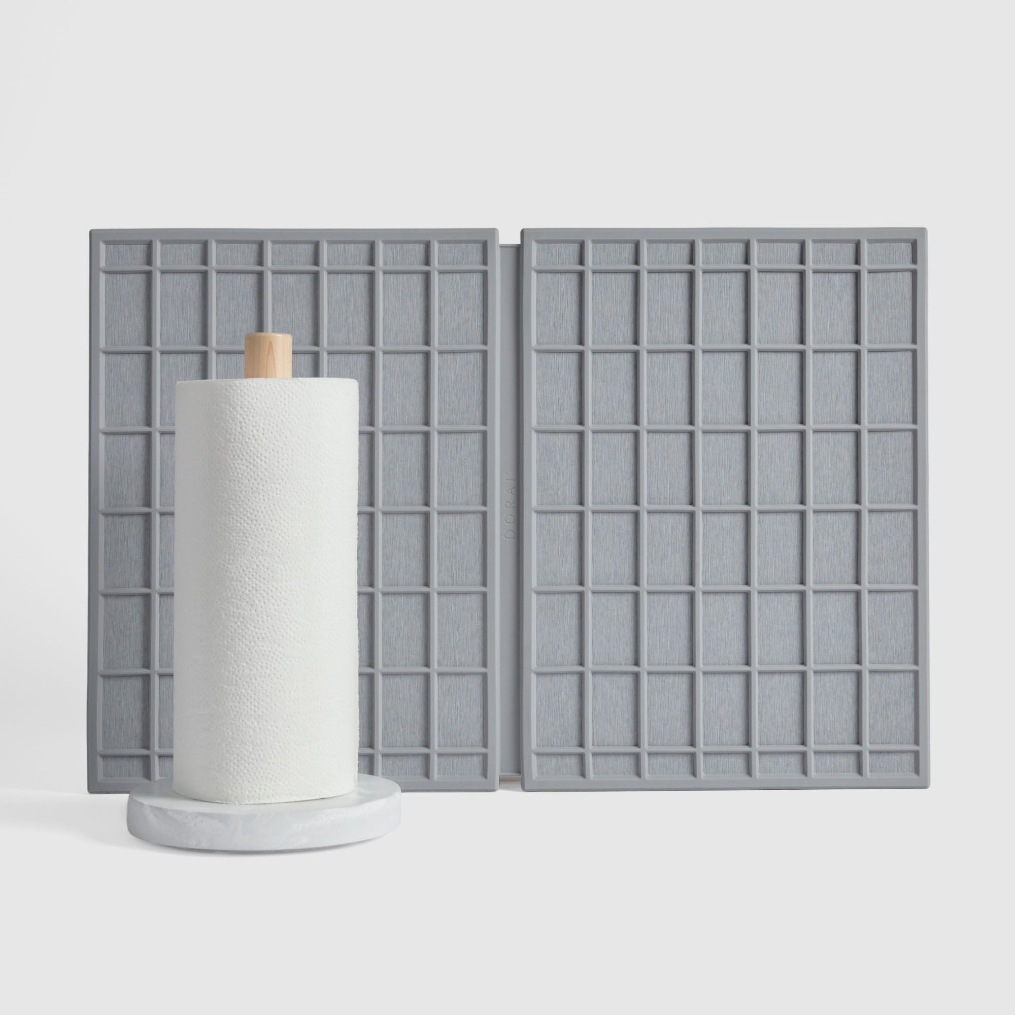 Large Ridge Dish Pad in Ash and Glacier Paper Towel Holder on white background.