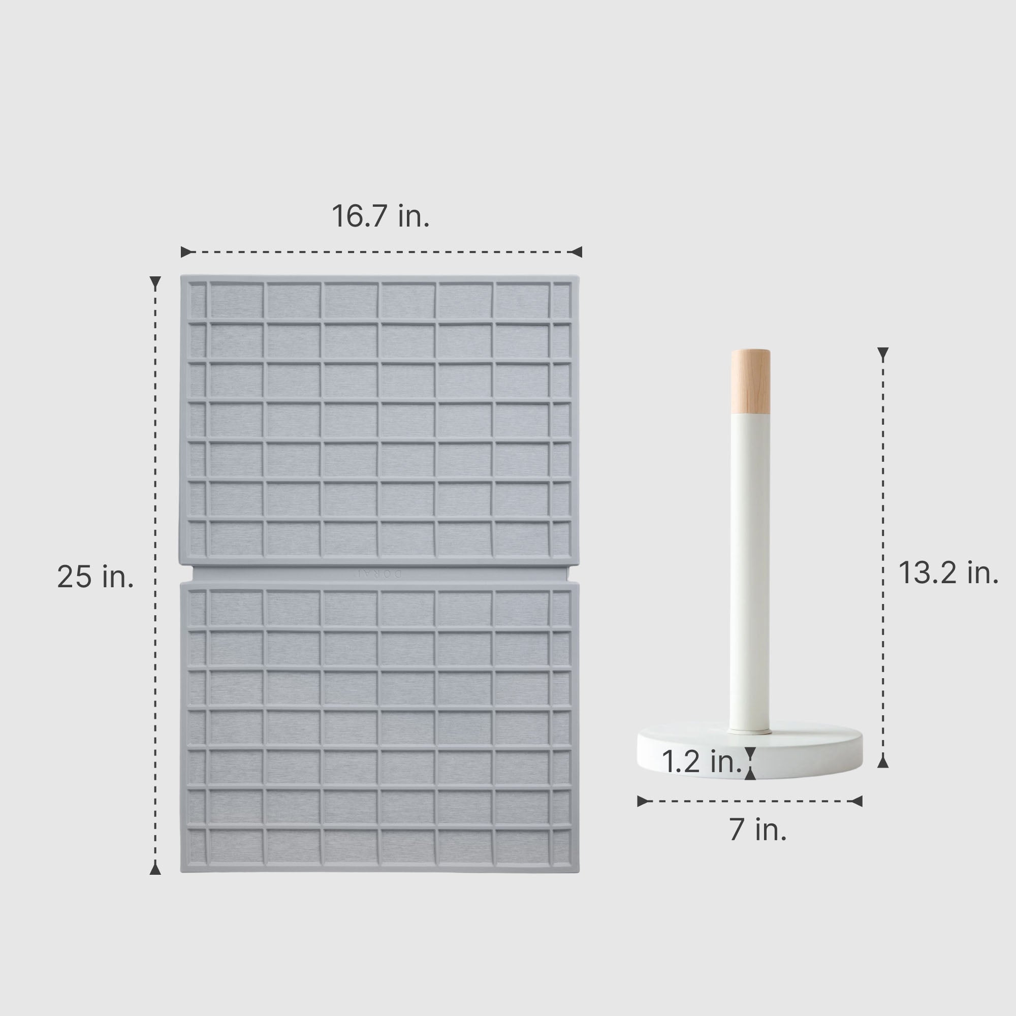 Large Ridge Dish Pad in Ash: 16.7in x 25in; and Glacier Paper Towel Holder: 13.2in x7in