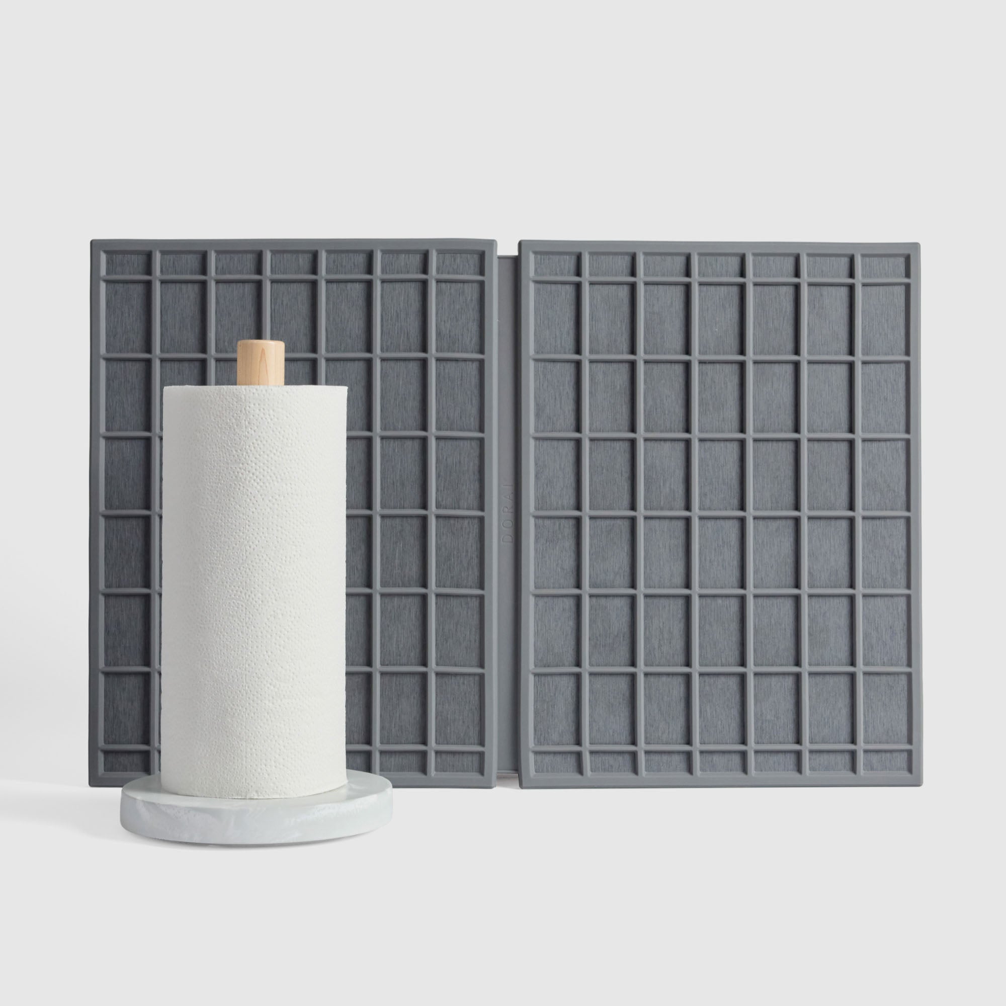 Large Ridge Dish Pad in Slate and Glacier Paper Towel Holder on white background.