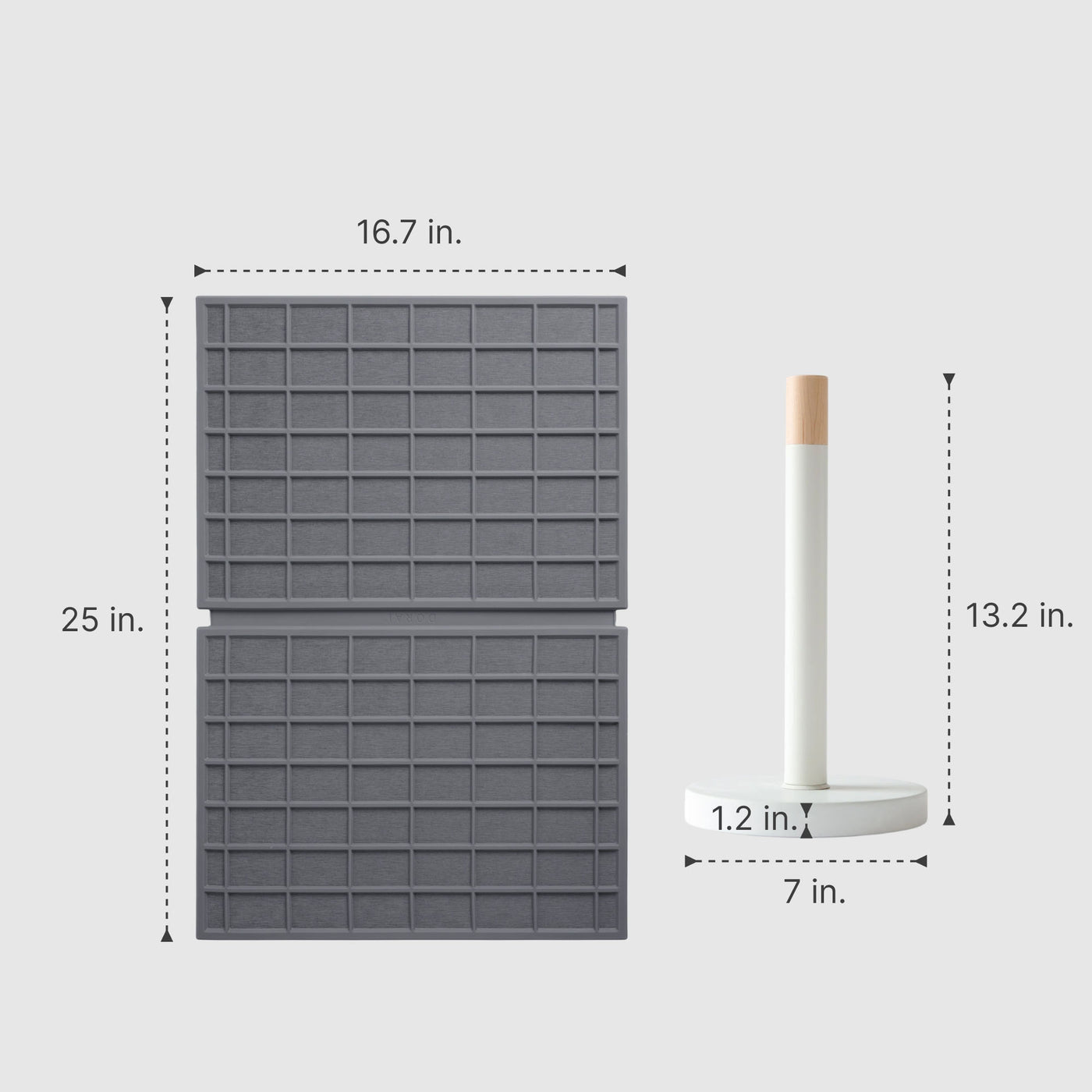 Large Ridge Dish Pad in Slate: 16.7in x 25in; andGlacier Paper Towel Holder: 13.2in x7in
