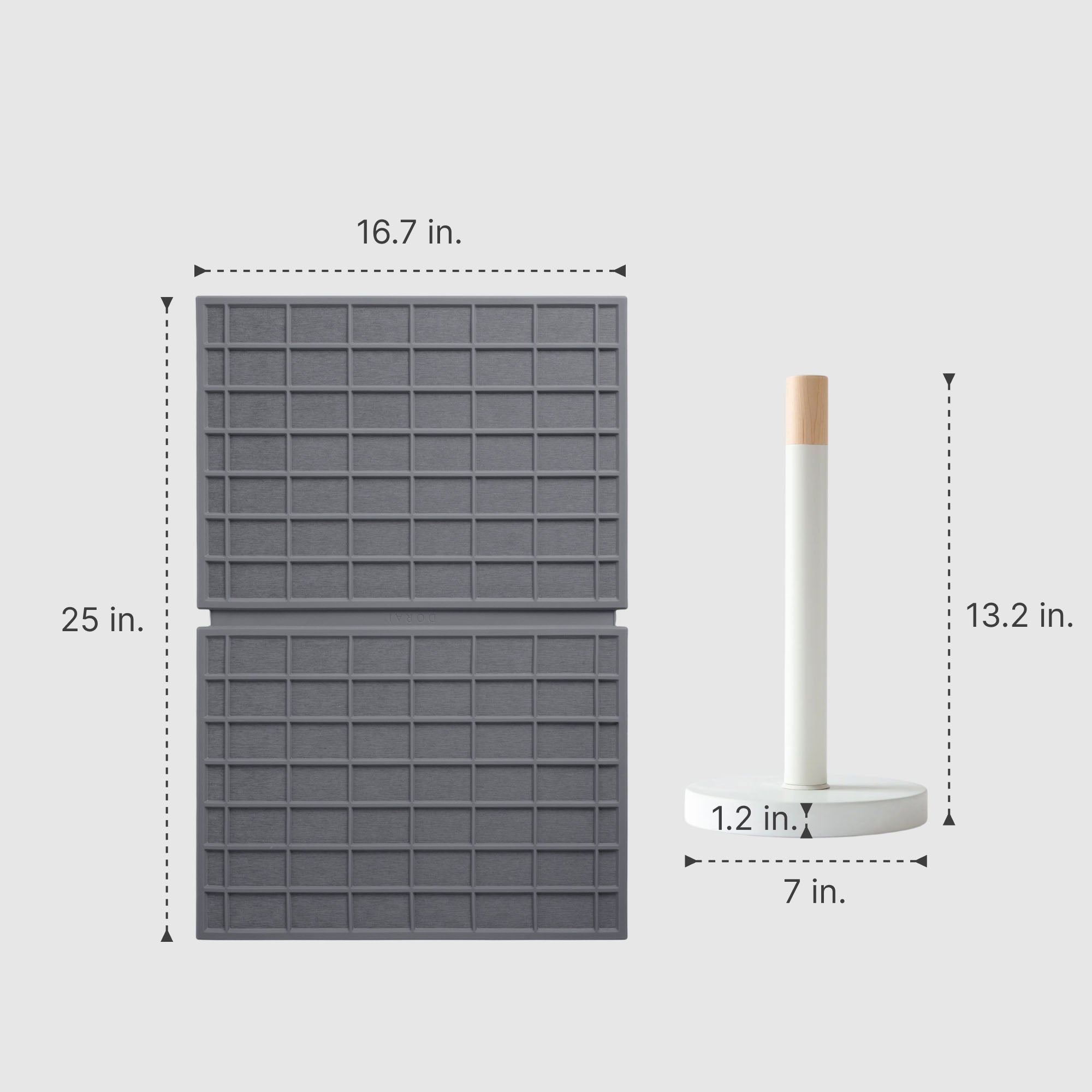 Large Ridge Dish Pad in Slate: 16.7in x 25in; andGlacier Paper Towel Holder: 13.2in x7in