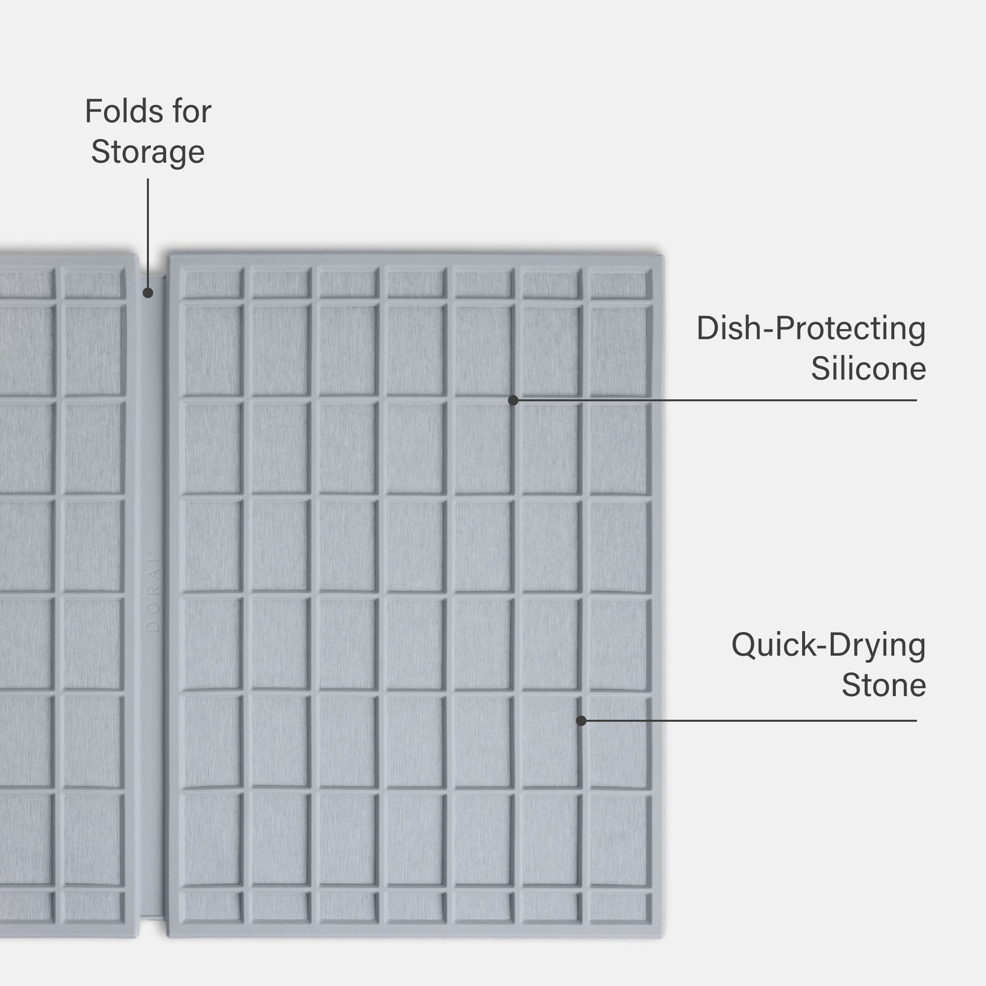 Large Ridge Dish Pad in Ash: Folds for Storage, Dish-Protecting Silicone, Quick-Drying Stone.