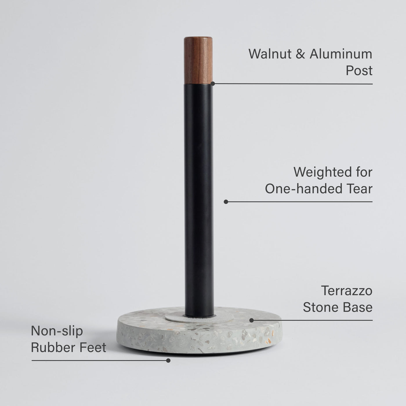Basalt Paper Towel Holder: Walnut & Aluminum Post, Weighted for One-handed Tear, Terrazzo Stone Base, Non-slip Rubber Feet.