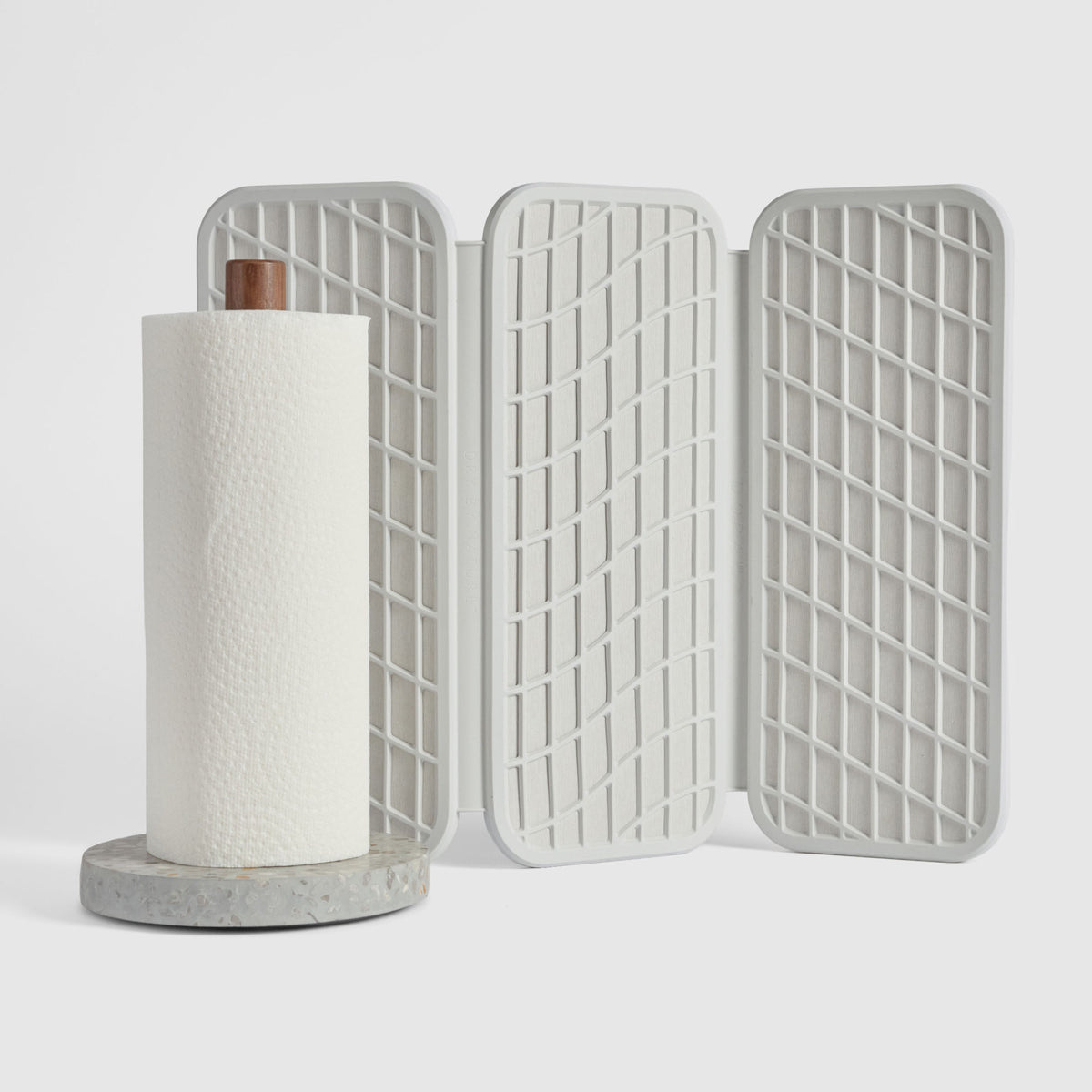 Basalt Paper Towel Holder and Glacier Drift Dish Pad on white background.