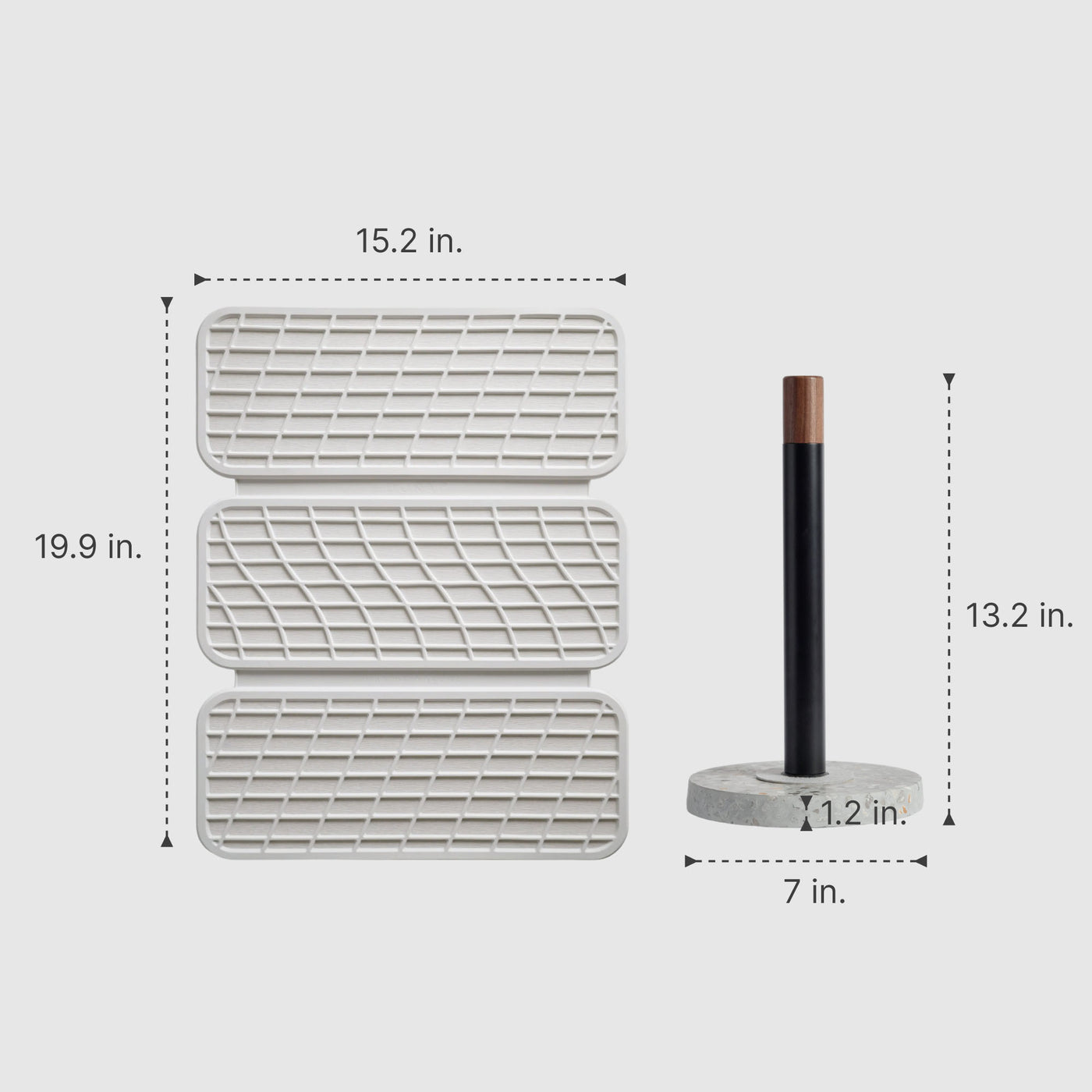 Basalt Paper Towel Holder: 13.2" x 7" | Glacier Drift Dish Pad: 15.2" x 19.9"