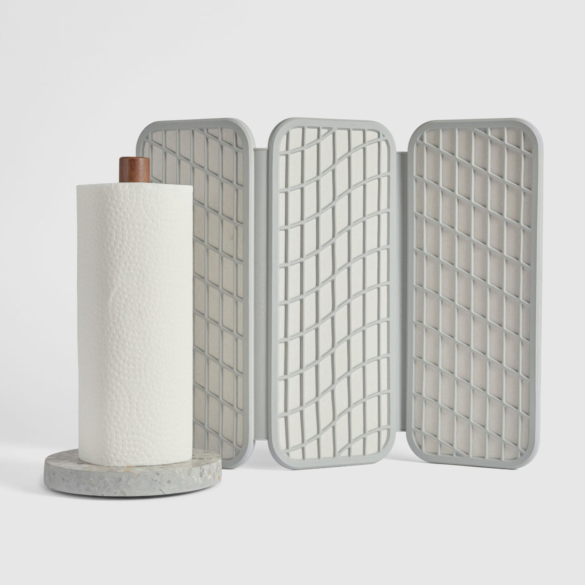 Basalt Paper Towel Holder and Sandstone Drift Dish Pad on white background.