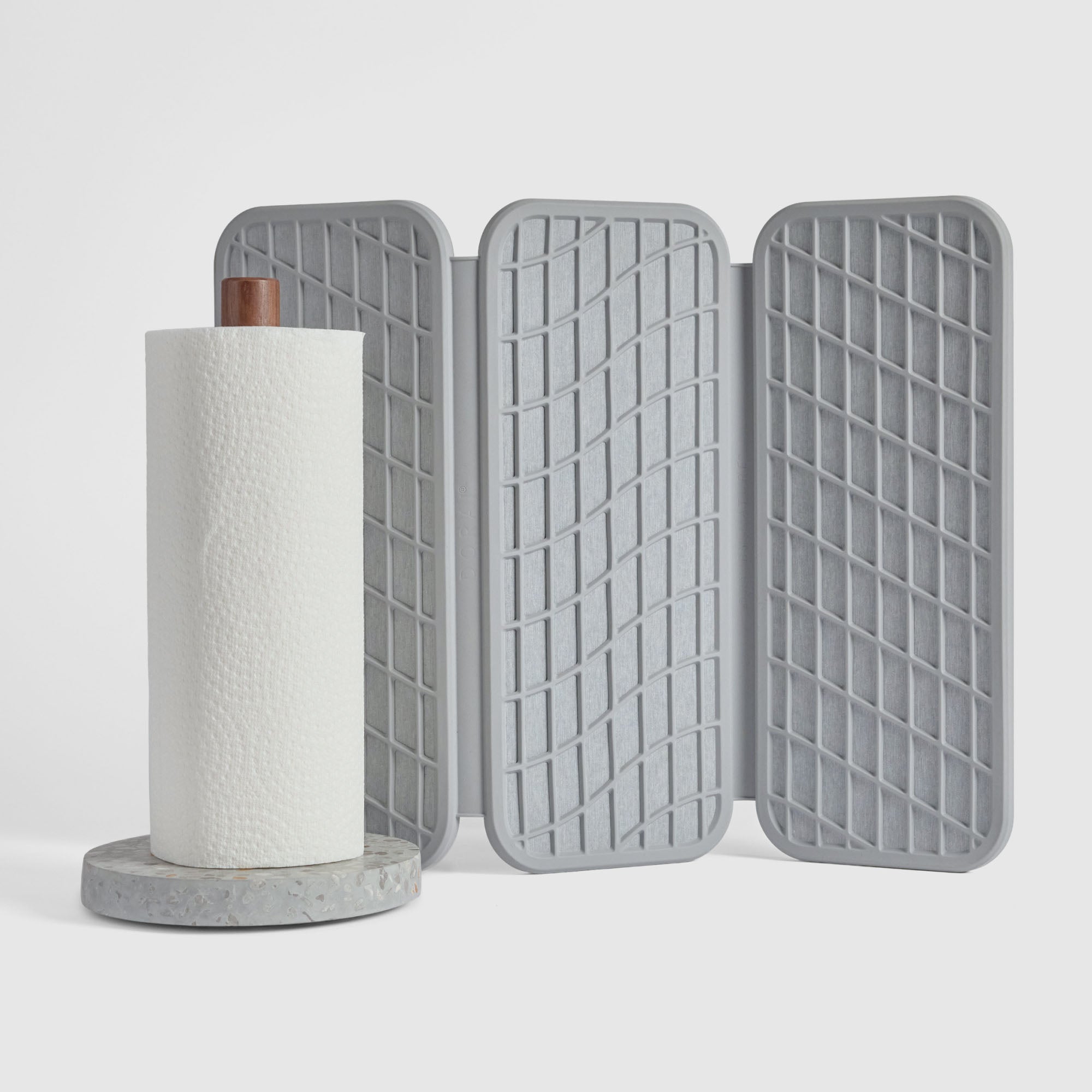 Basalt Paper Towel Holder and Ash Drift Dish Pad on white background.