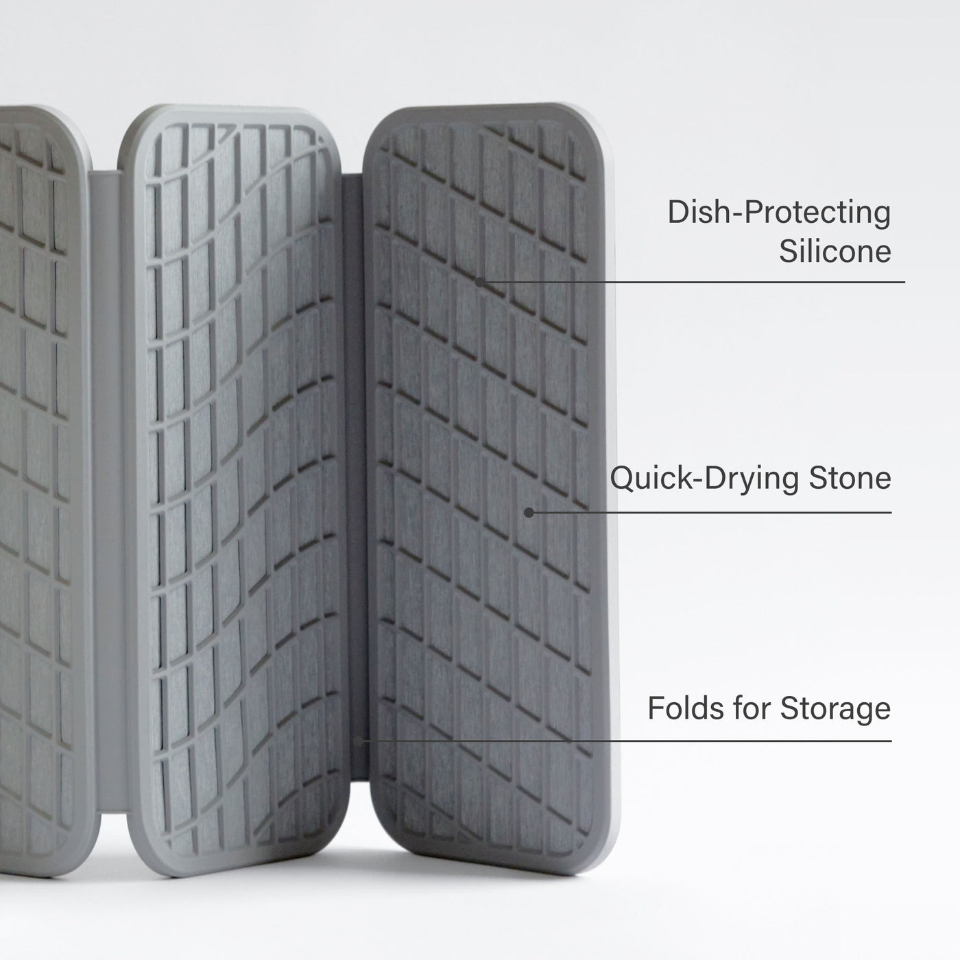 Ash Drift Dish Pad: Dish-Protecting Silicone, Quick-Drying Stone, Folds for Storage.