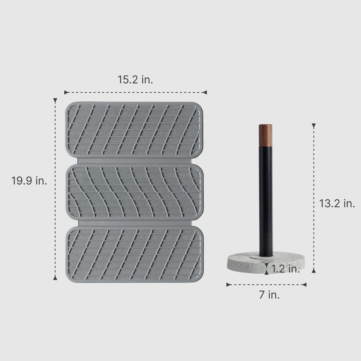 Basalt Paper Towel Holder: 13.2" x 7" | Ash Drift Dish Pad: 15.2" x 19.9"