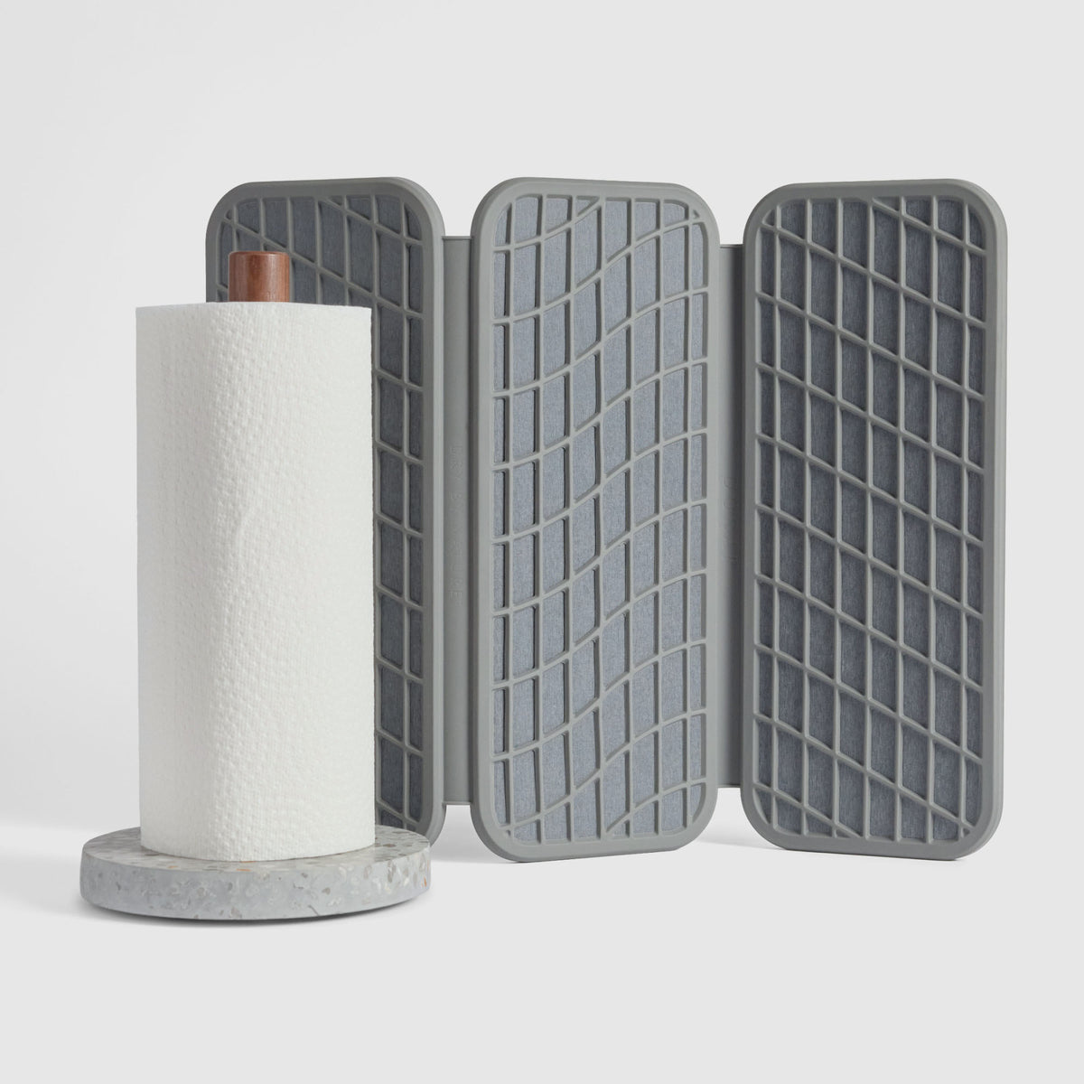 Basalt Paper Towel Holder and Slate Drift Dish Pad on white background.
