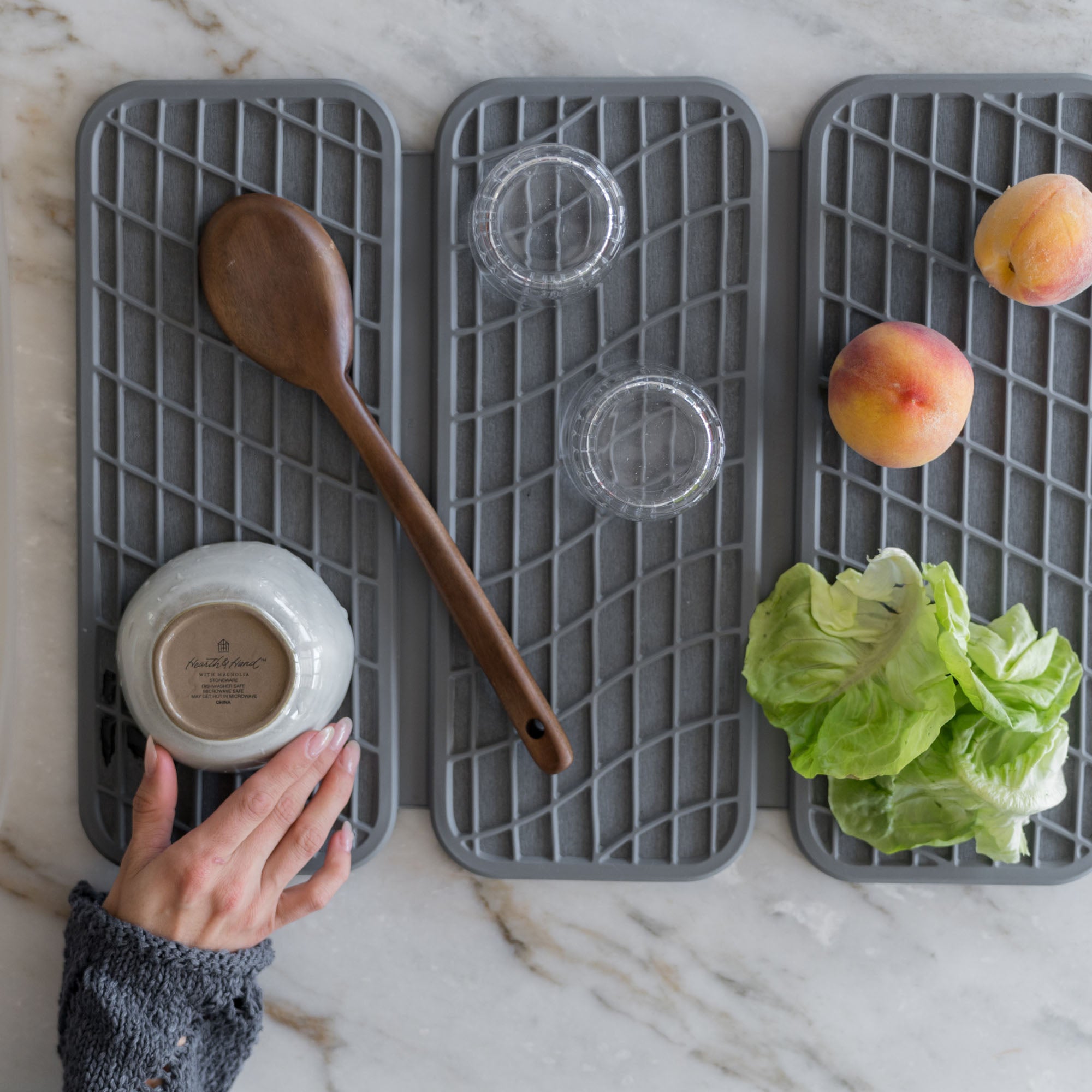Slate Drift Dish Pad with produce and dishes drying quickly. 