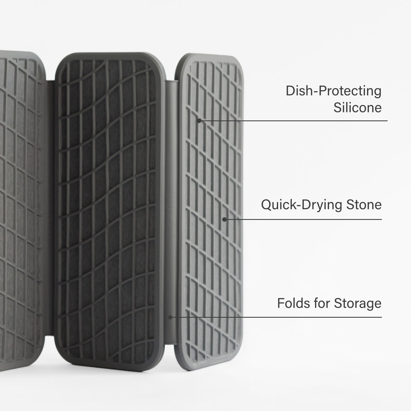 Slate Drift Dish Pad: Dish-Protecting Silicone, Quick-Drying Stone, Folds for Storage.