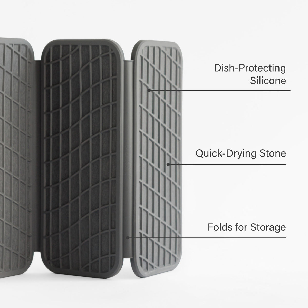 Slate Drift Dish Pad: Dish-Protecting Silicone, Quick-Drying Stone, Folds for Storage.