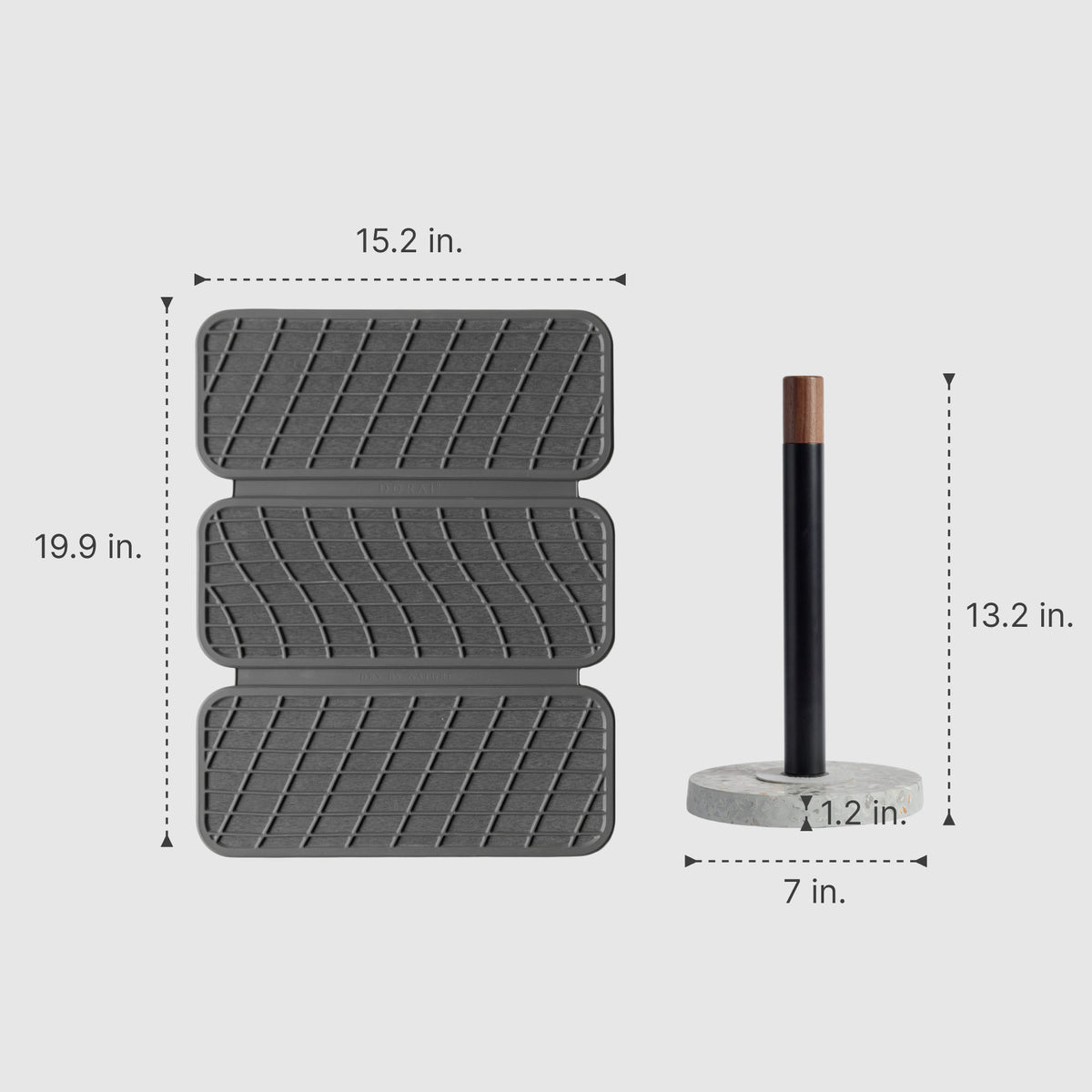 Basalt Paper Towel Holder: 13.2" x 7" | Slate Drift Dish Pad: 15.2" x 19.9"