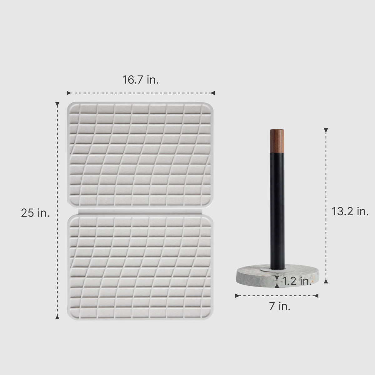 Basalt Paper Towel Holder: 13.2" x 7" | Glacier Large Drift Dish Pad: 25" x 16.7"