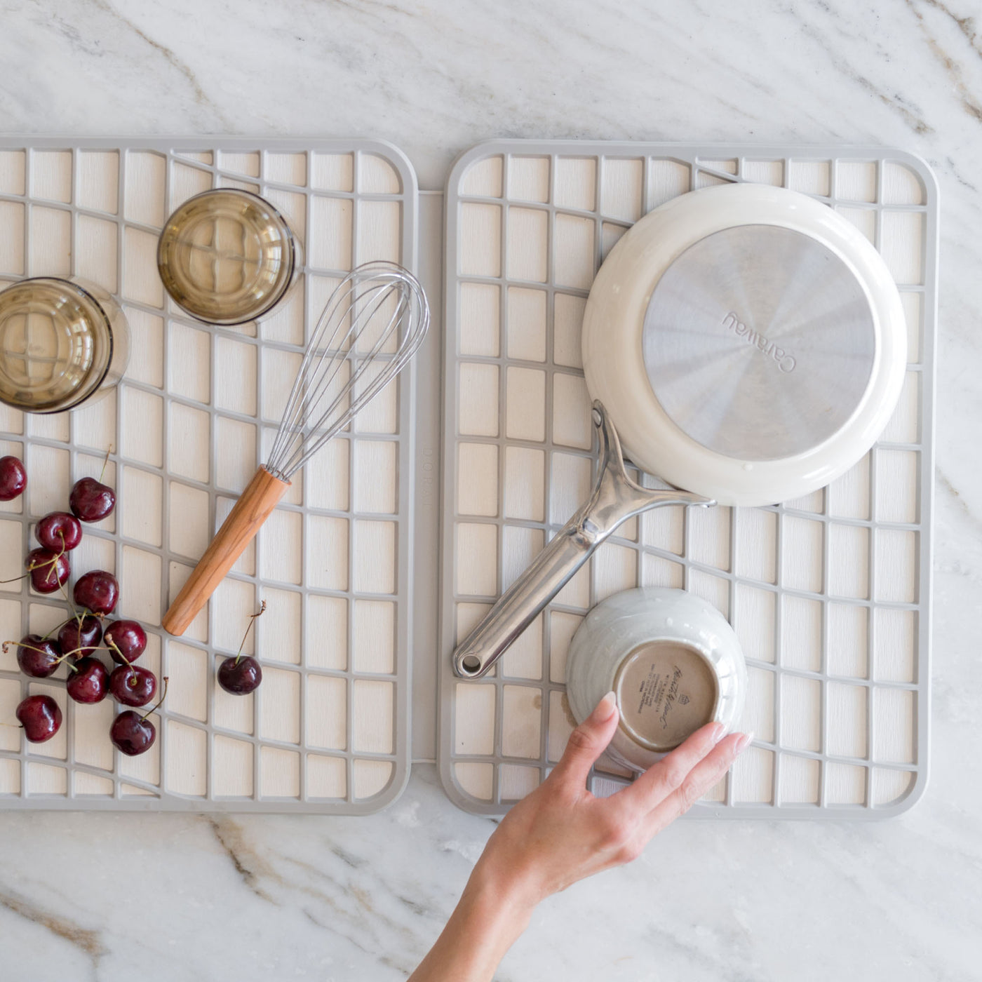 Sandstone Large Drift Dish Pad with produce and dishes drying quickly. 