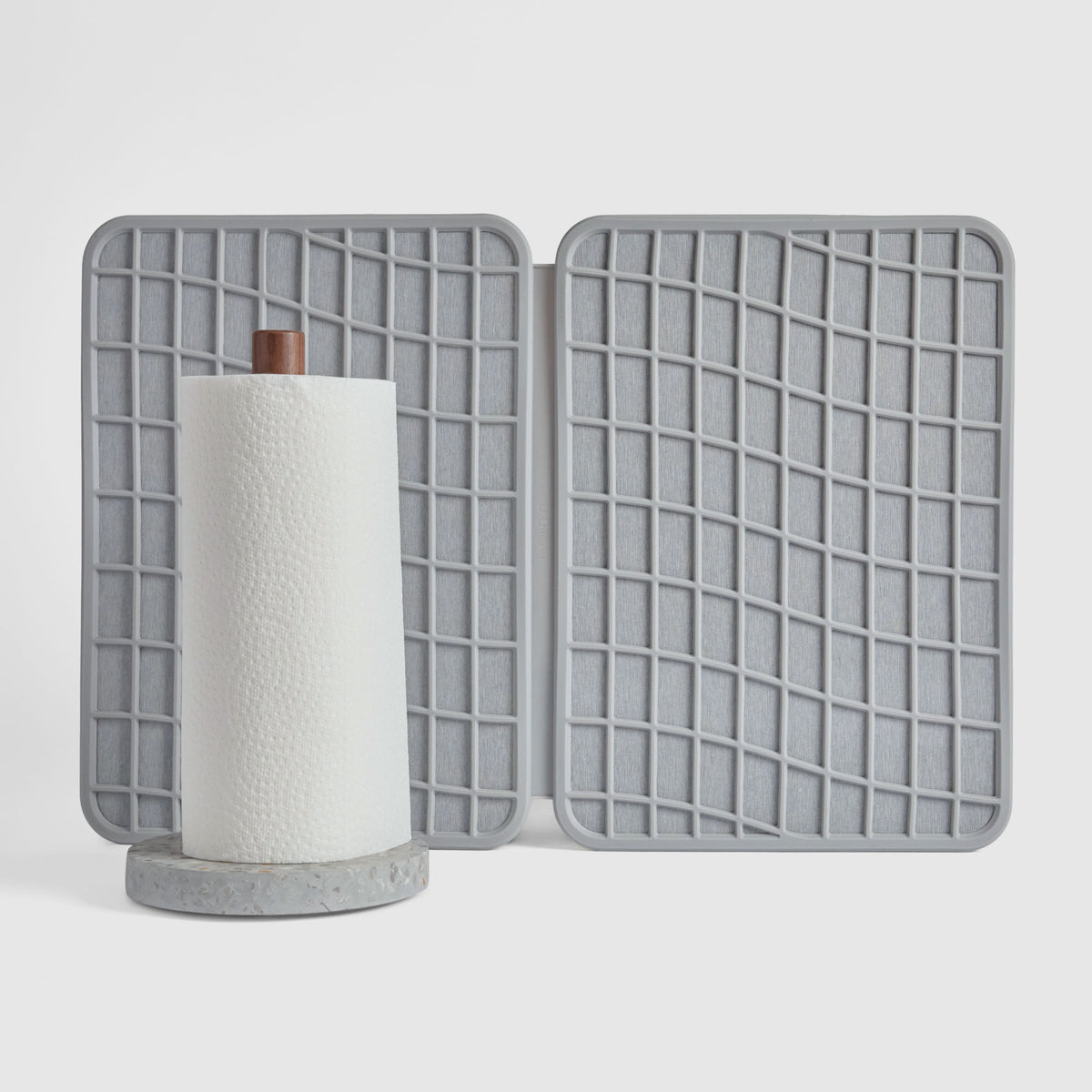 Basalt Paper Towel Holder and Ash Large Drift Dish Pad on white background.