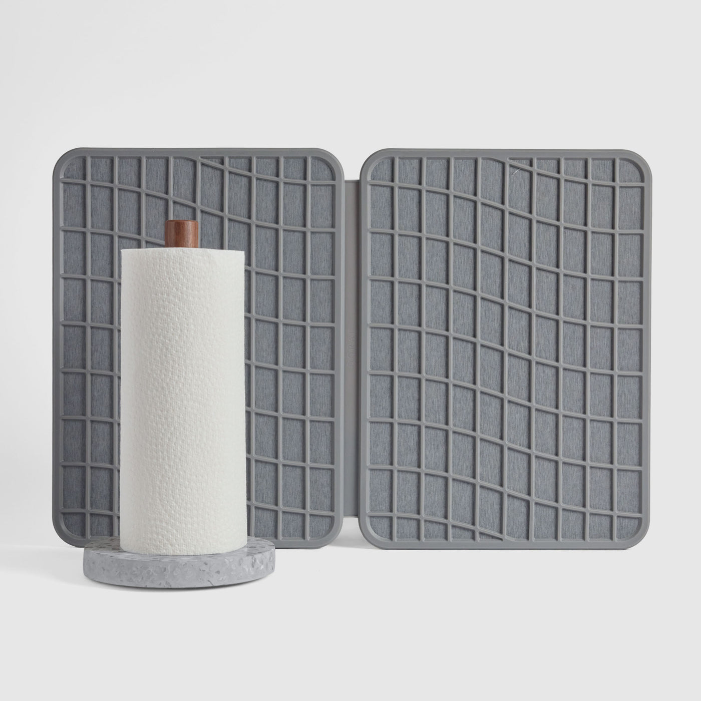 Basalt Paper Towel Holder and Slate Large Drift Dish Pad on white background.