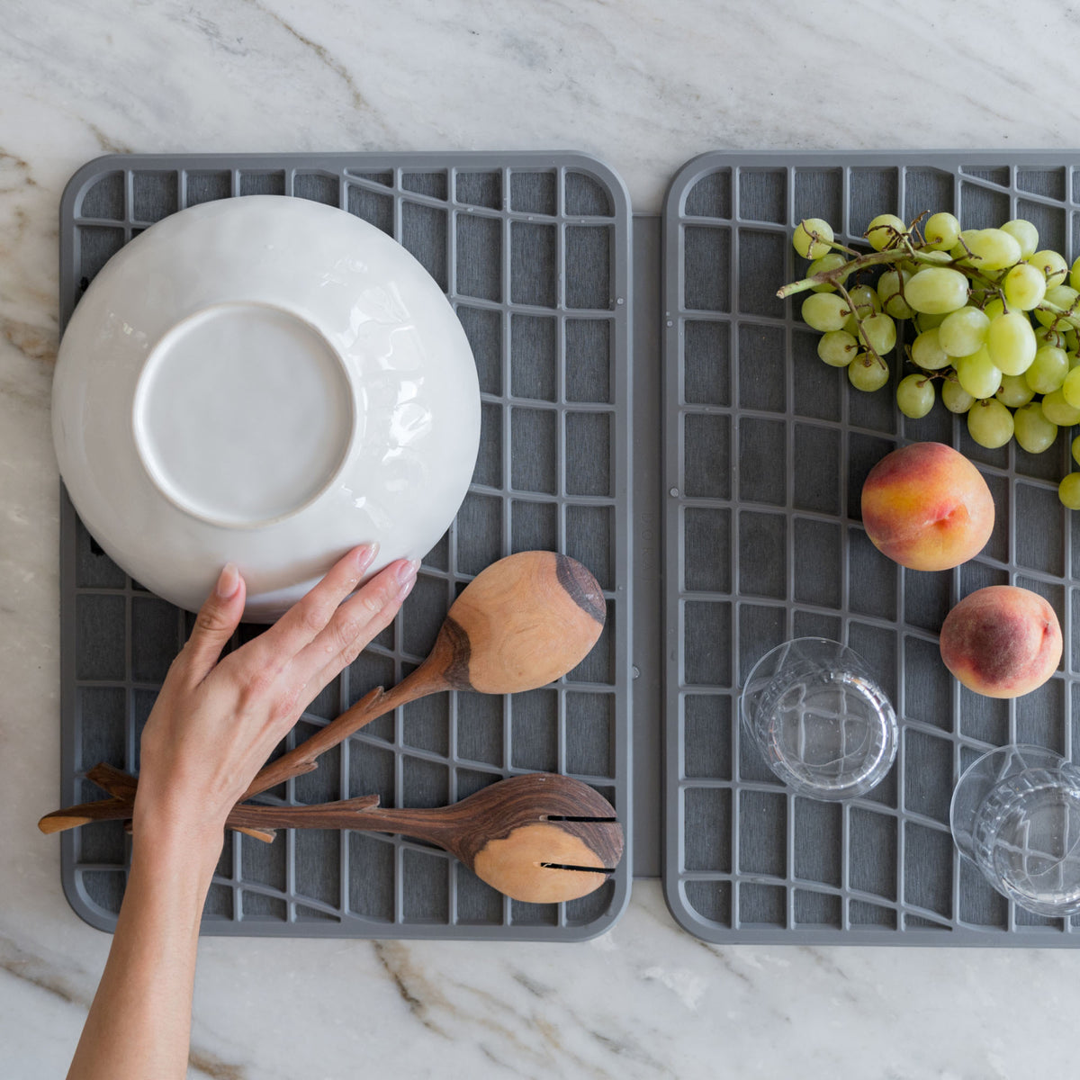 Slate Large Drift Dish Pad with produce and dishes drying quickly. 