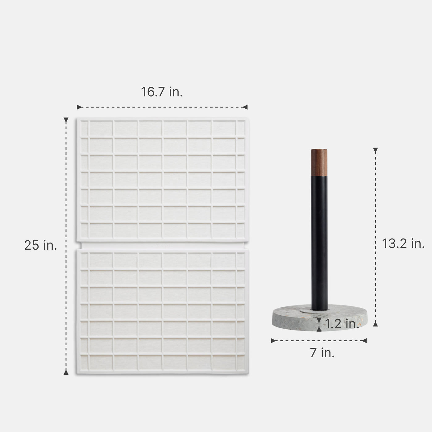 Basalt Paper Towel Holder: 13.2" x 7" | Glacier Large Ridge Dish Pad: 25" x 16.7"