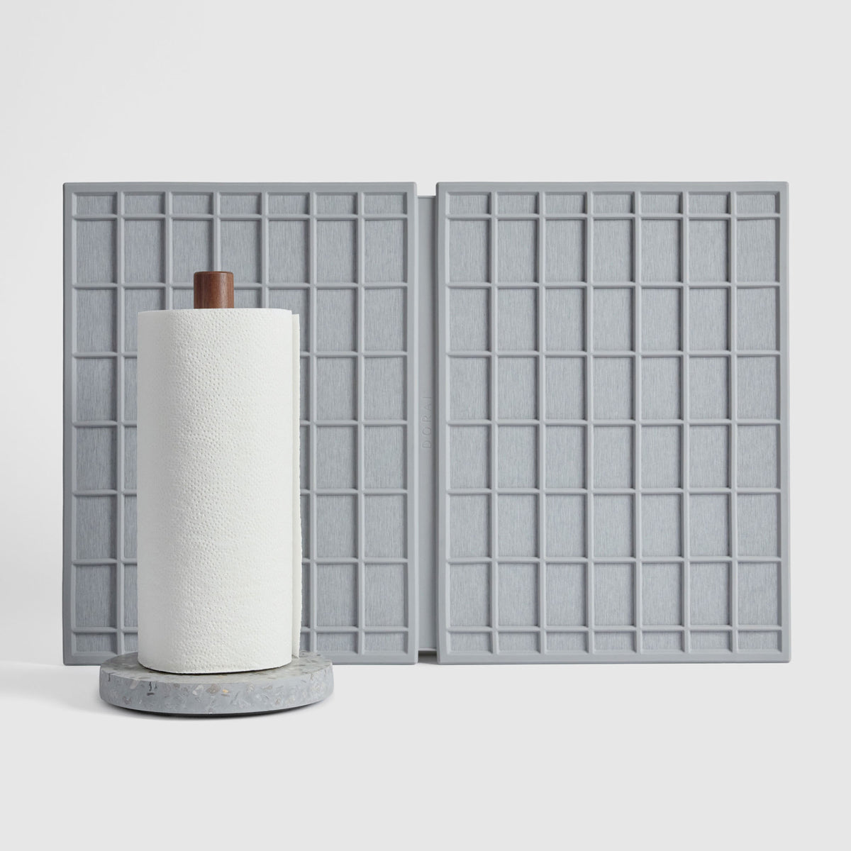 Basalt Paper Towel Holder and Ash Large Ridge Dish Pad on white background.