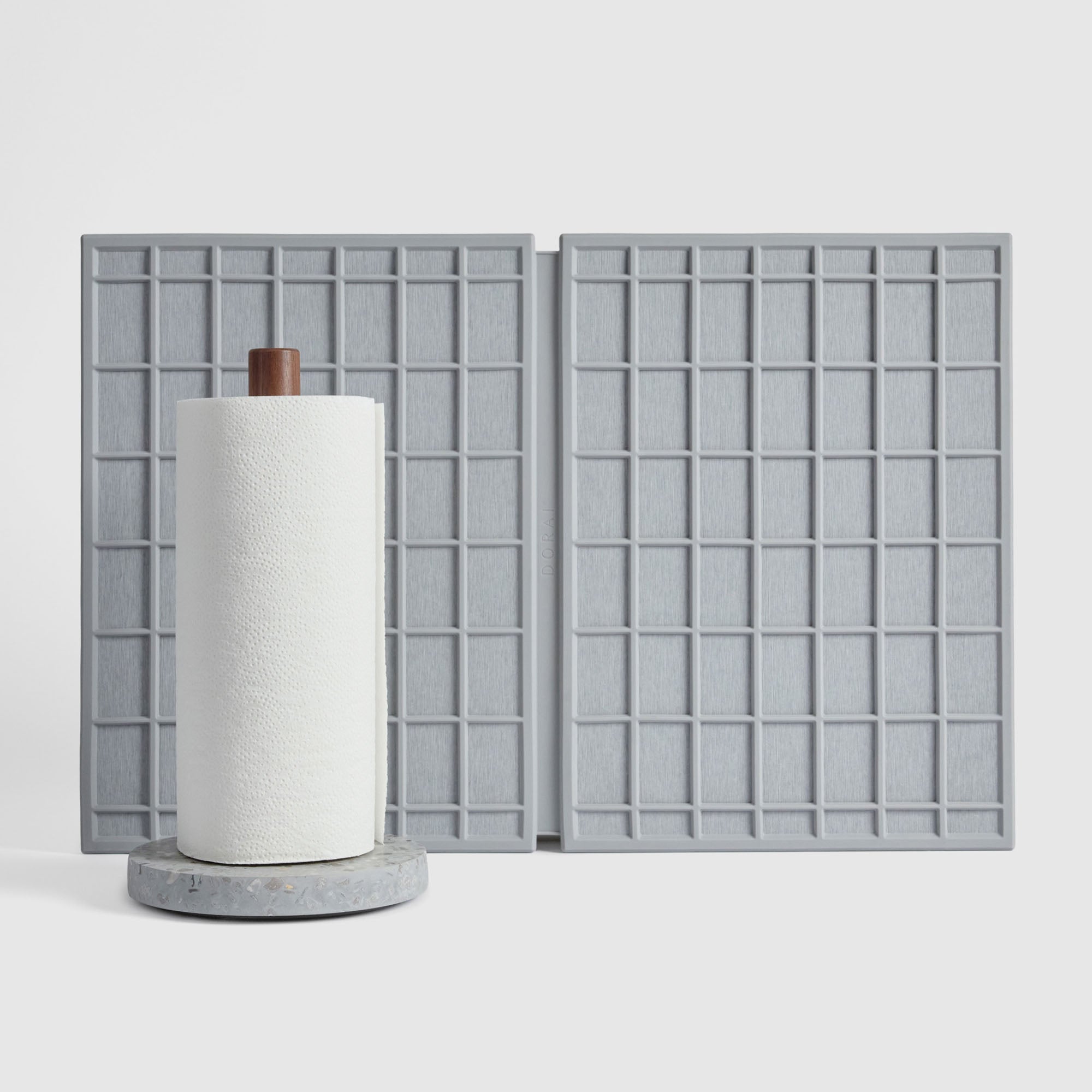 Basalt Paper Towel Holder and Ash Large Ridge Dish Pad on white background.