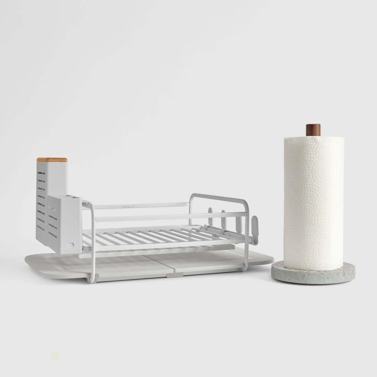 Basalt Paper Towel Holder and Glacier Dish Rack on white background.