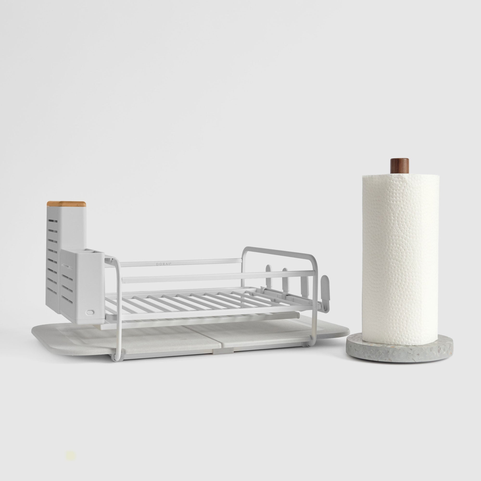 Basalt Paper Towel Holder and Glacier Dish Rack on white background.