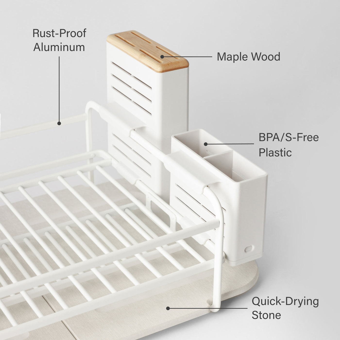 Glacier Dish Rack: Rust-Proof Aluminum, Maple Wood, BPA/S Free Plastic, Quick-Drying Stone.