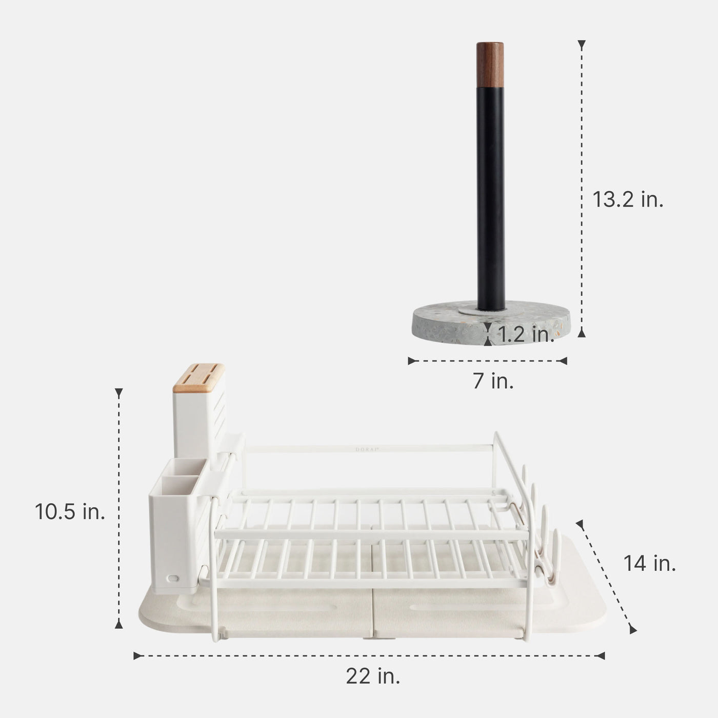 Basalt Paper Towel Holder: 13.2" x 7" | Glacier Dish Rack: 10.5" x 22" x 14