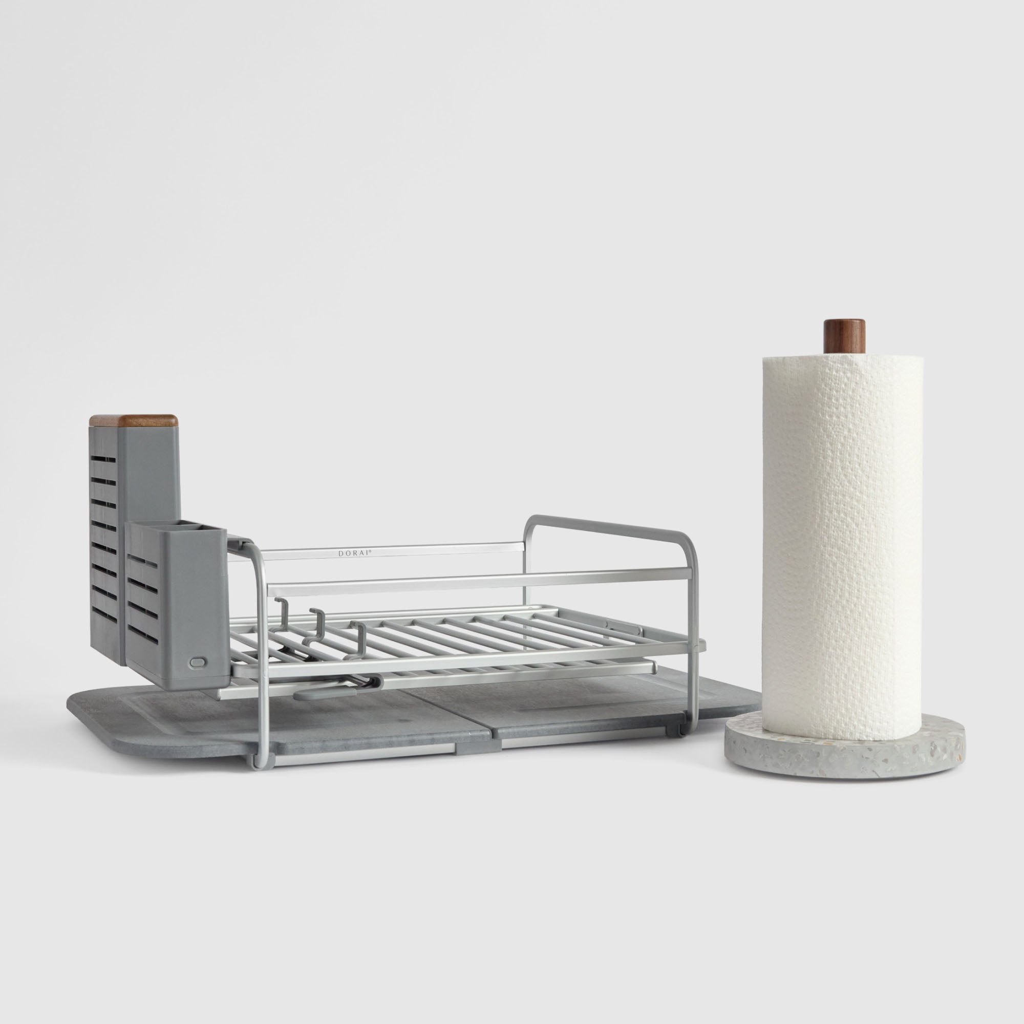 Basalt Paper Towel Holder and Slate Dish Rack on white background.