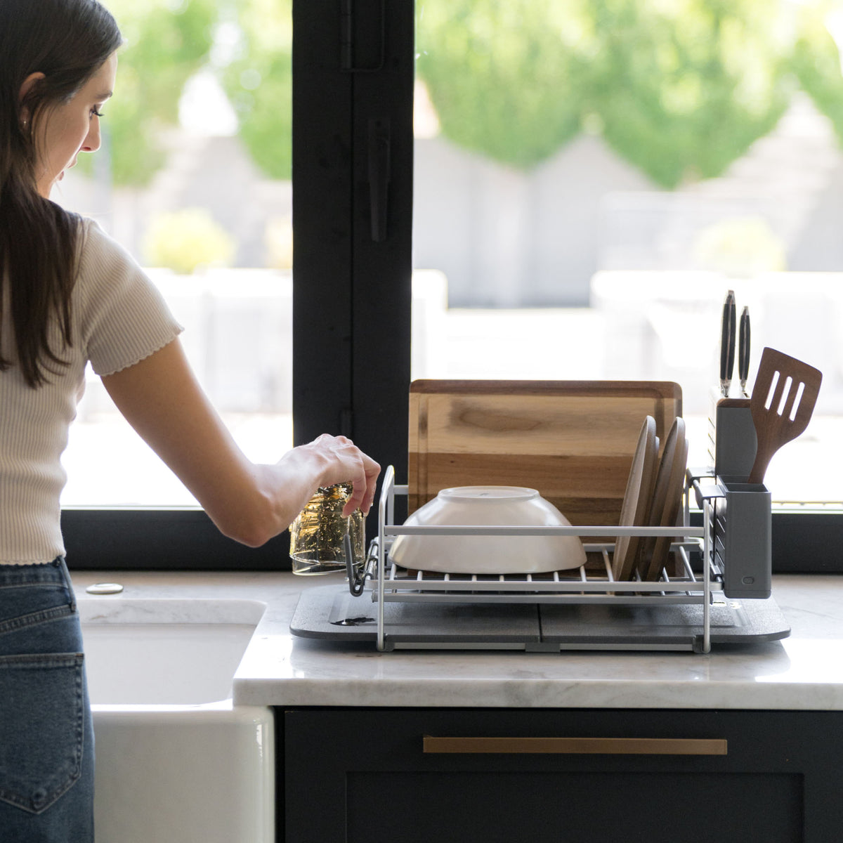 Slate Dish Rack with full load of dishes neatly organized. 