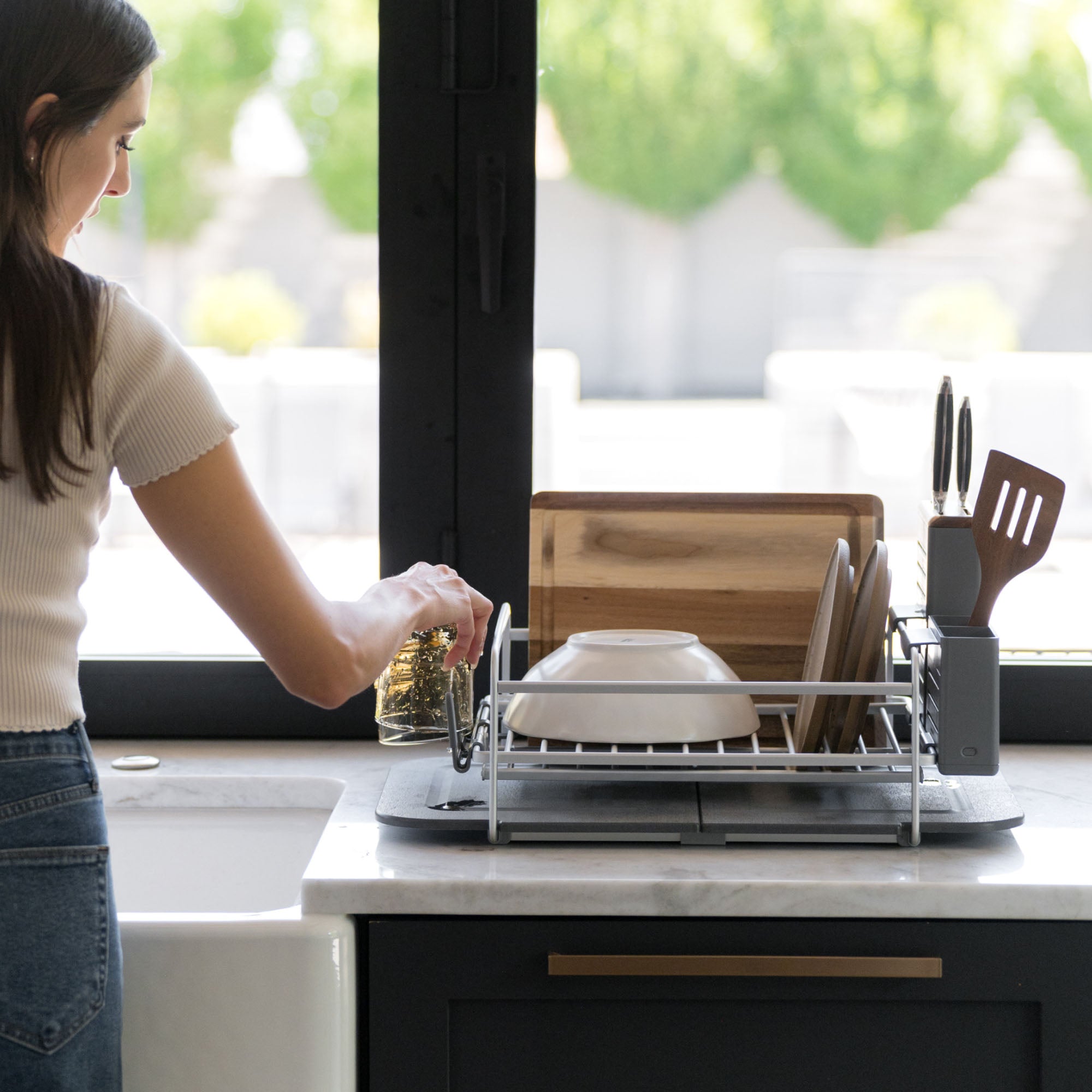 Slate Dish Rack with full load of dishes neatly organized. 