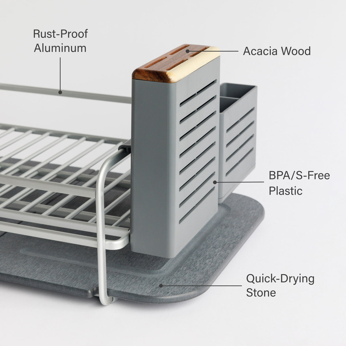 Slate Dish Rack: Rust-Proof Aluminum, Acacia Wood, BPA/S Free Plastic, Quick-Drying Stone.