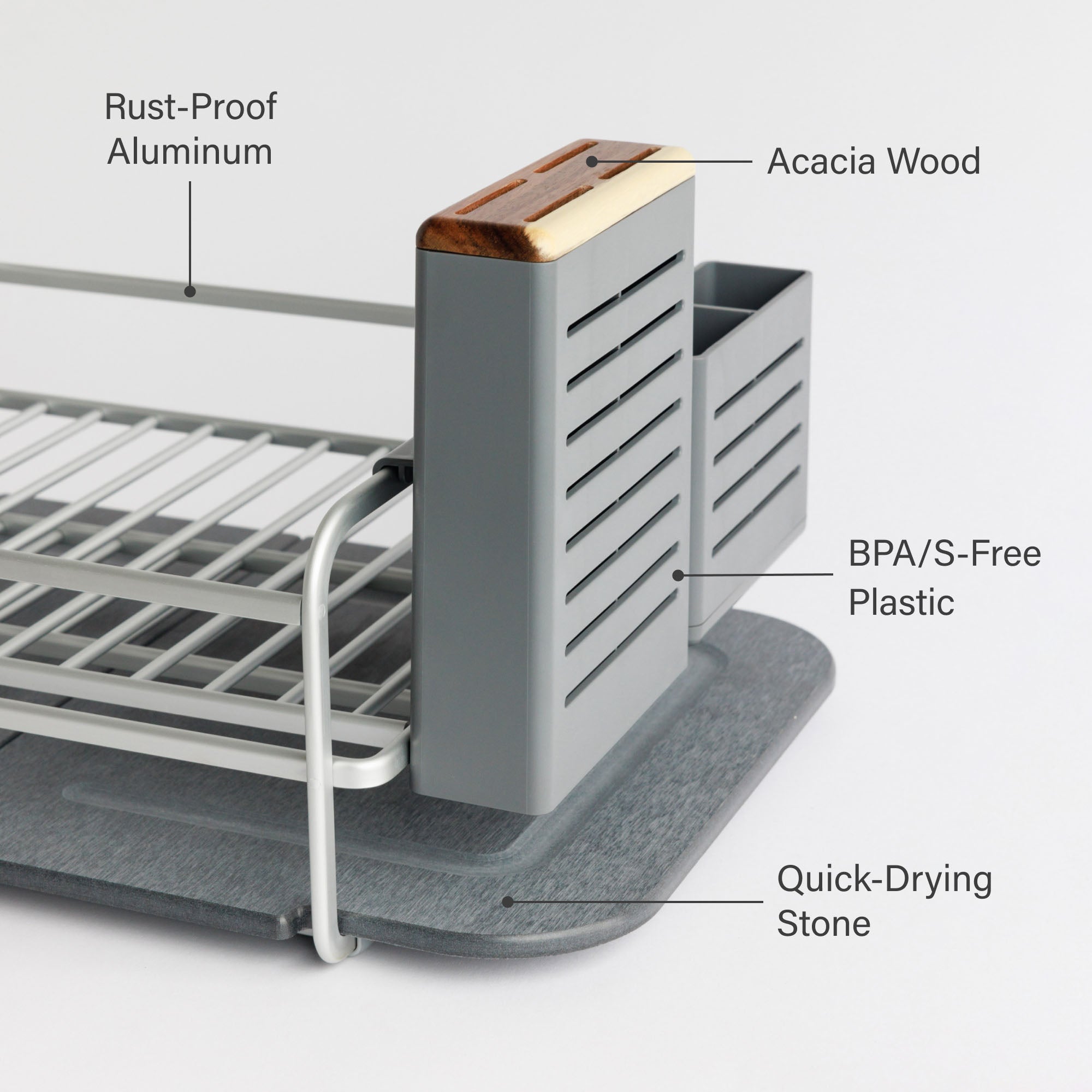 Slate Dish Rack: Rust-Proof Aluminum, Acacia Wood, BPA/S Free Plastic, Quick-Drying Stone.