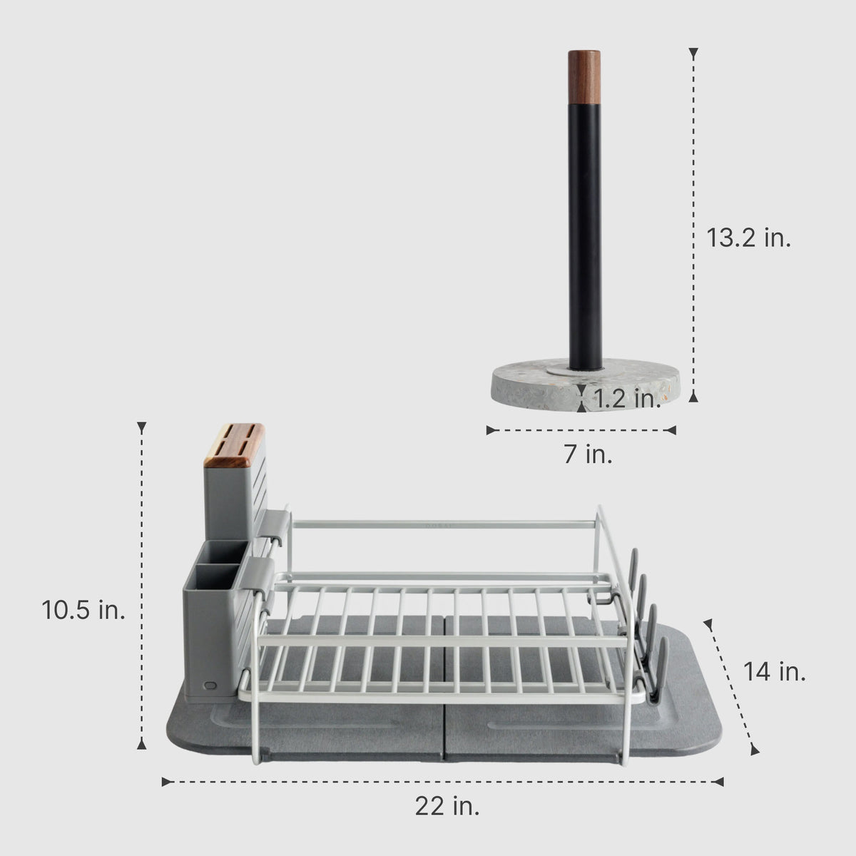 Basalt Paper Towel Holder: 13.2" x 7" | Slate Dish Rack: 10.5" x 22" x 14"
